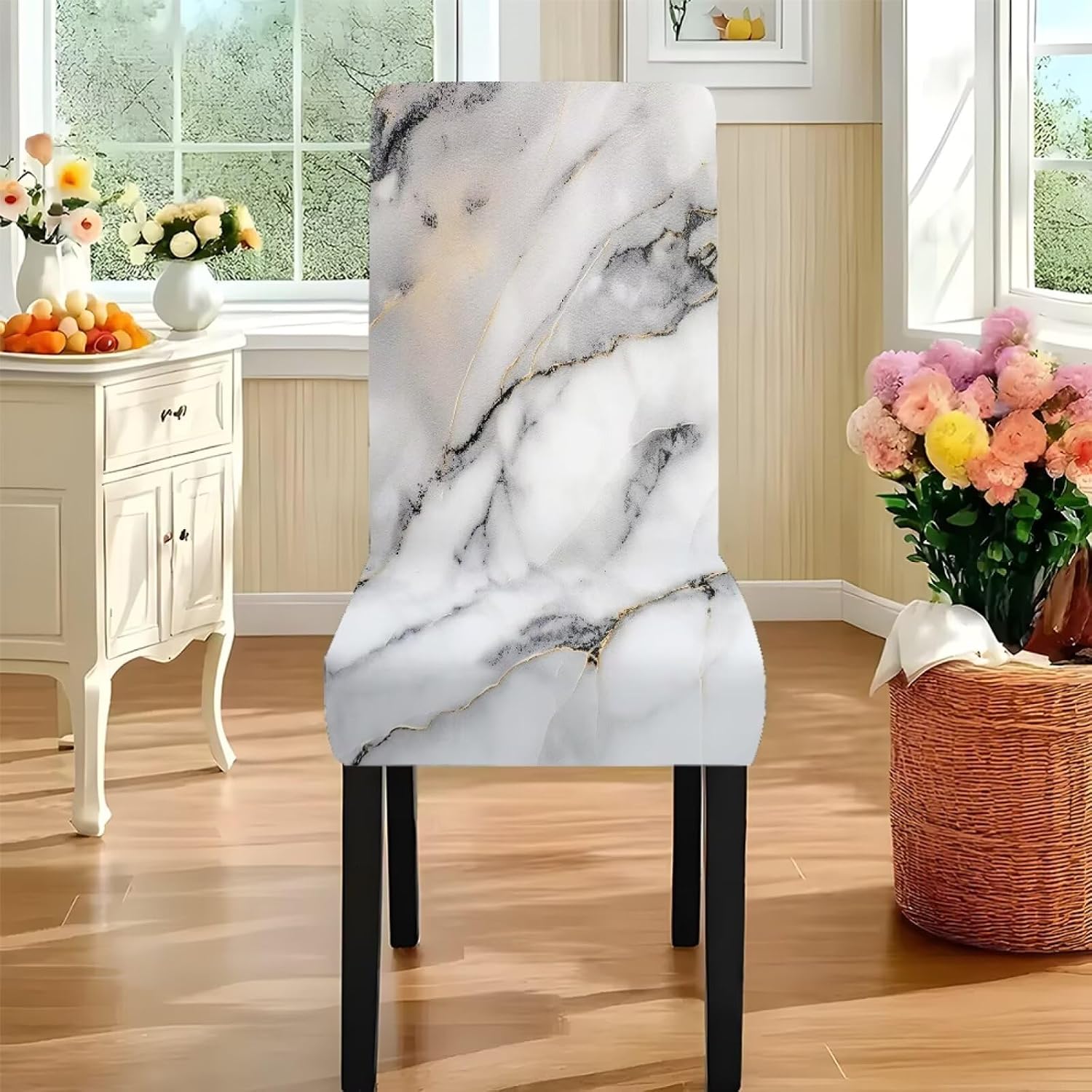 Dining Table Cloth Rectangle 4 Seater, Removable Parsons Chair Slipcovers Stretch Stain Resistant Dining Chair Covers Washable Tablecloths for Hotel Home Party, Marble Print White Grey