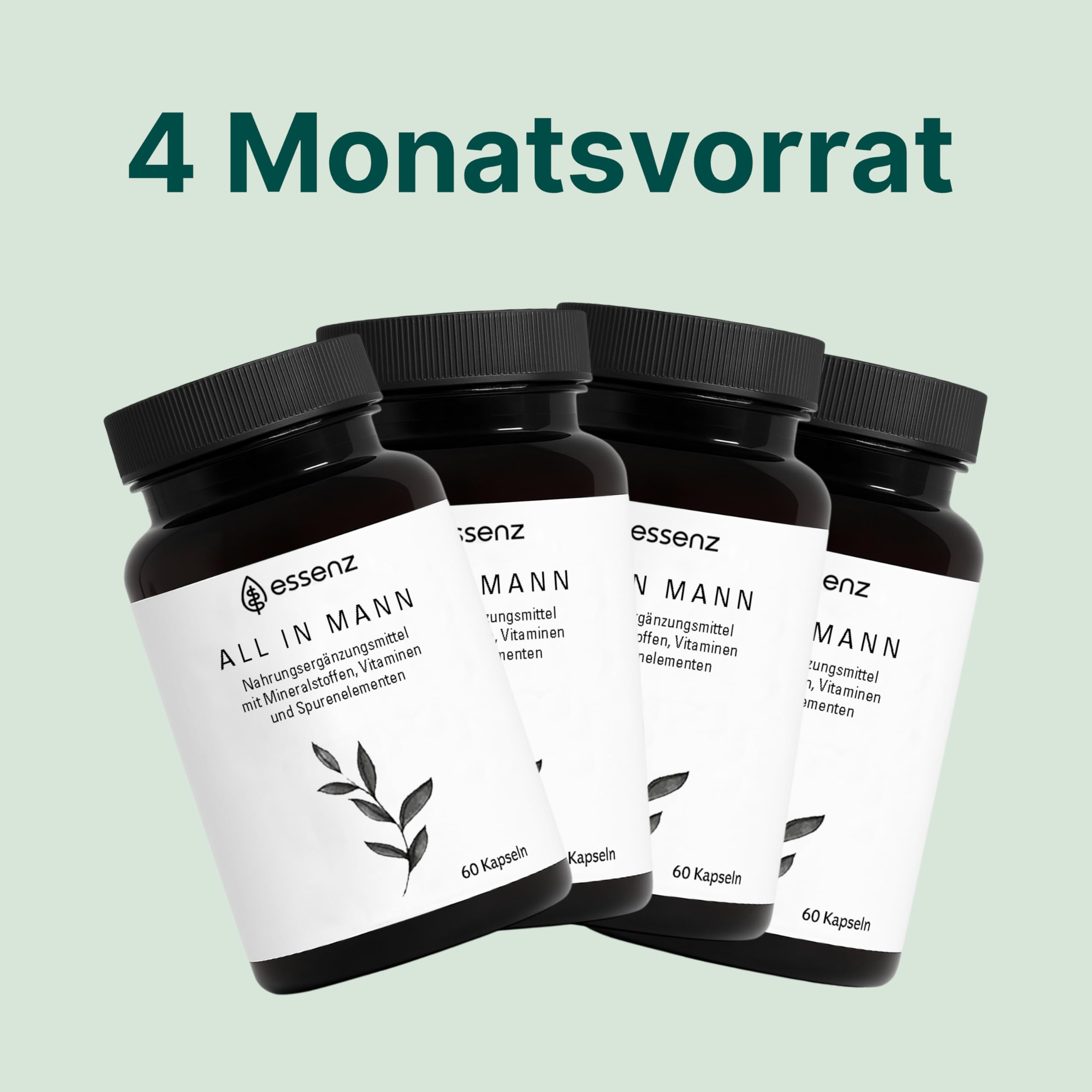 ESSENZ – All In Mann 4 x 60 Kapseln – Multinährstoff-Komplex + Vitamine, Mineralstoffe & Spurenelemente. Mit Zink zur Erhaltung eines normalen Testosteronspiegels + Vitamin C & D für das Immunsystem