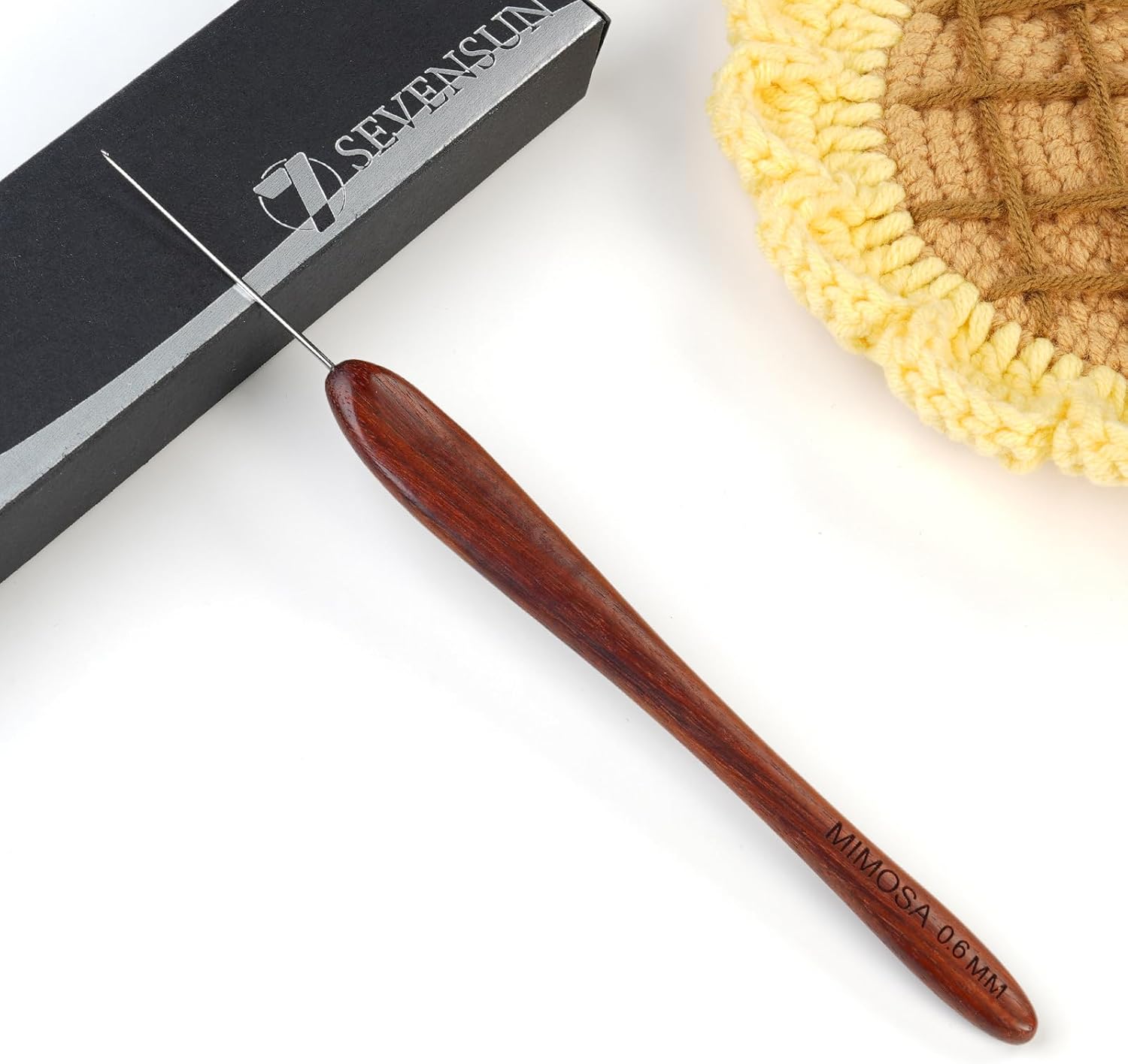SEVENSUN Mimosa 0.6mm Single Crochet Hook, Available in 0.6mm-6.5mm, Ergonomic Hand Polished Stainless Steel Inline Pointy Wood Handle Crochet Hook for Arthritic Hands, Mother's Day Gifts for Mom
