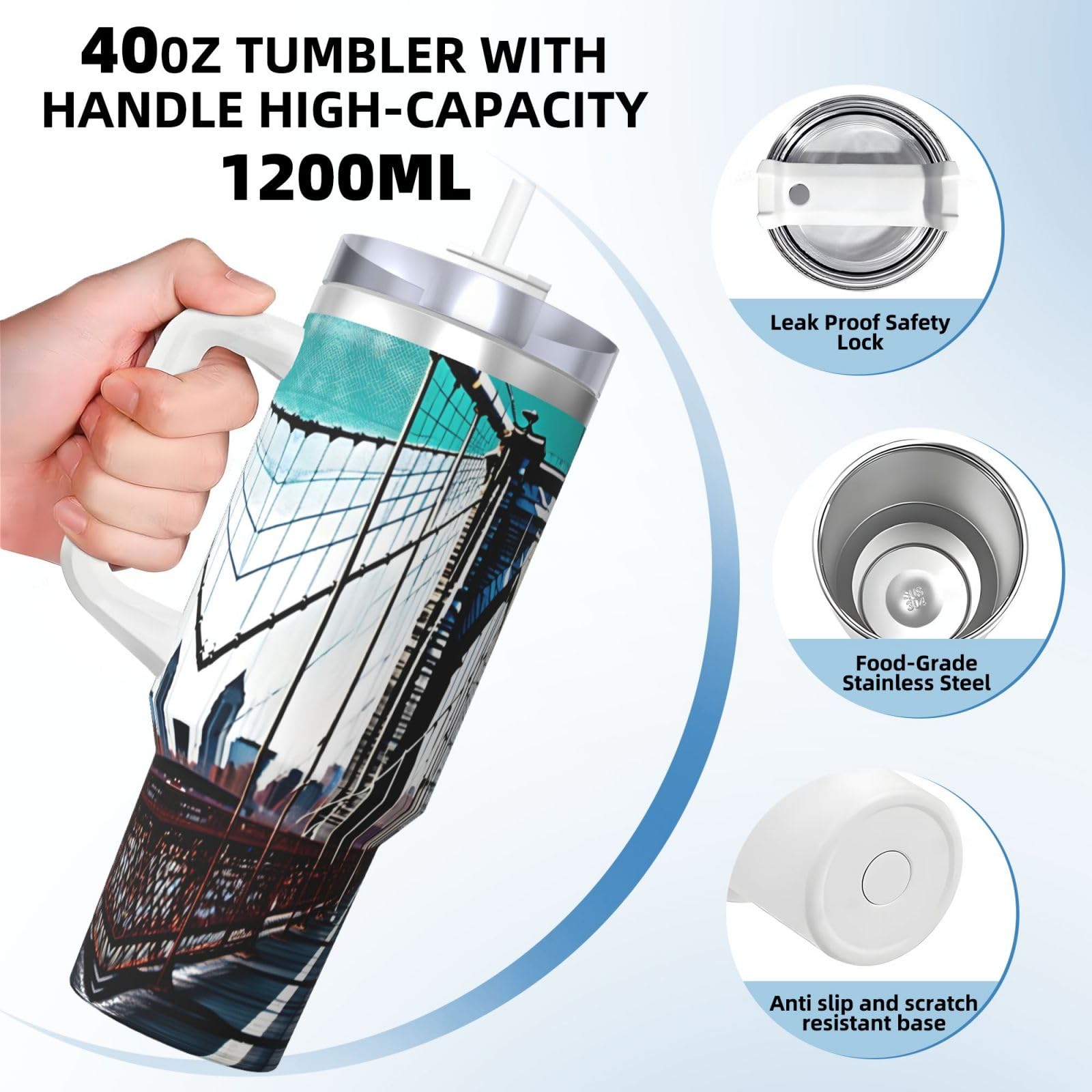 Brooklyn Bridge Wasserflasche aus Edelstahl, doppelwandig, isoliert, mit Griff und Strohhalm-Deckel, 1,2 l