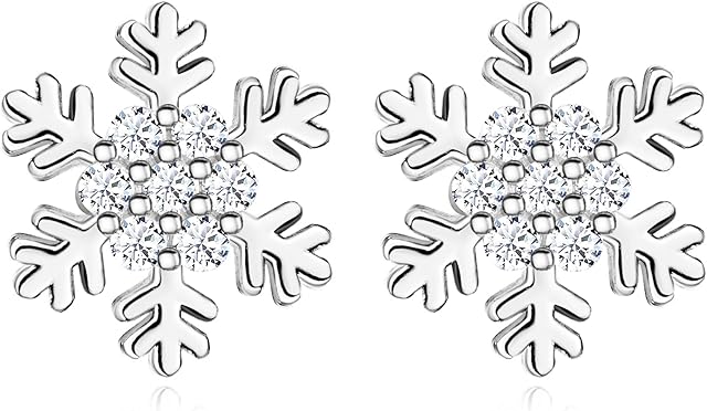 Christmas Stud Earrings for Women Girls, Silver Gold Plated Snowflake Earrings Cubic Zirconia Studs Christmas Winter Jewellery Gift for Xmas Party Birthday Her Mum Wife, Silver / Gold