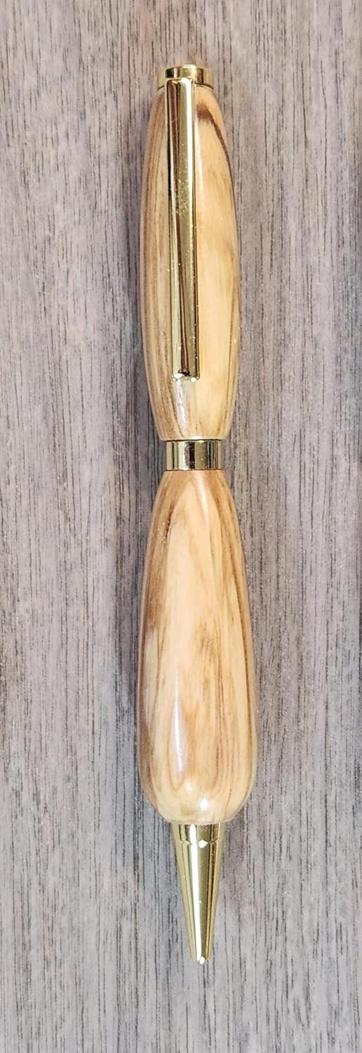 Handcrafted Olive Wood Twist Ballpoint Pen, Teardrop Shape, Unique Grain Pattern (Gold)