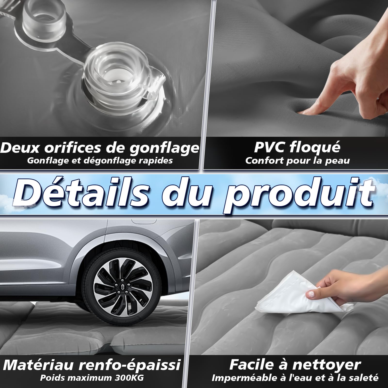 FORMIZON Matelas Gonflable de Voiture, Lit Gonflable pour Siège Arrière, Matelas Pneumatique SUV avec Pompe à Air et Oreillers pour Voyage, Camping, Activités de Plein Air (Gris)