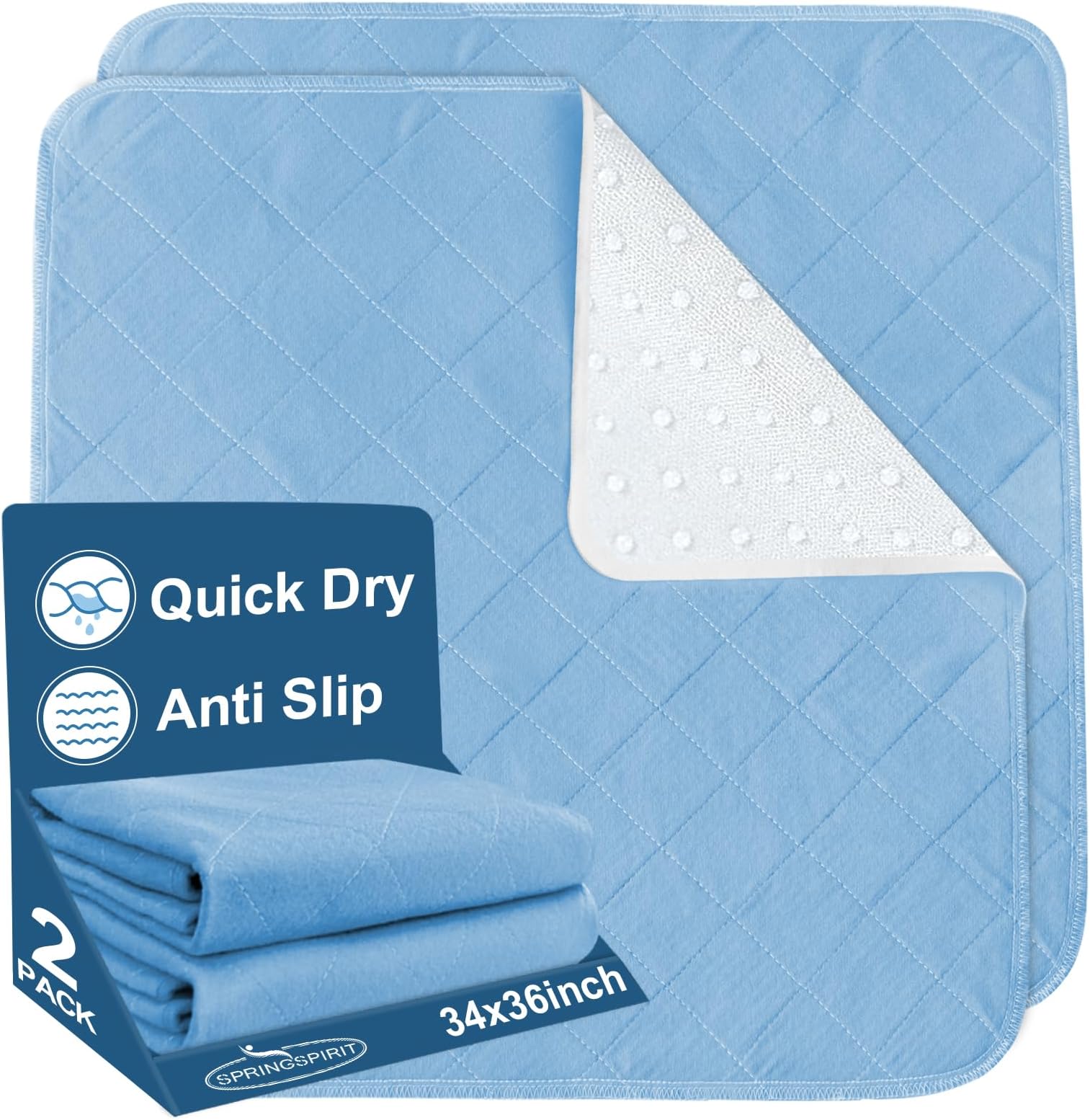 Bed Pads Washable Waterproof(2 Pack, 34 x 36), Washable and Reusable Incontinence Chuck Pads Anti Slip Pee Pads Underpad Sheet Protector for Adults, Elderly, Kids, Toddler and Pets, Blue