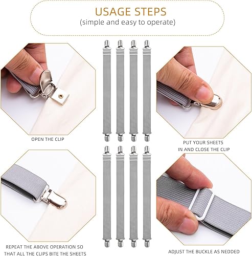 Miniatura 2 de QoeCycth 8 clips de correas ajustables para sábanas, soporte elástico para sujetar sábana de colchón y tirantes, agarradores para sujetar sábanas,