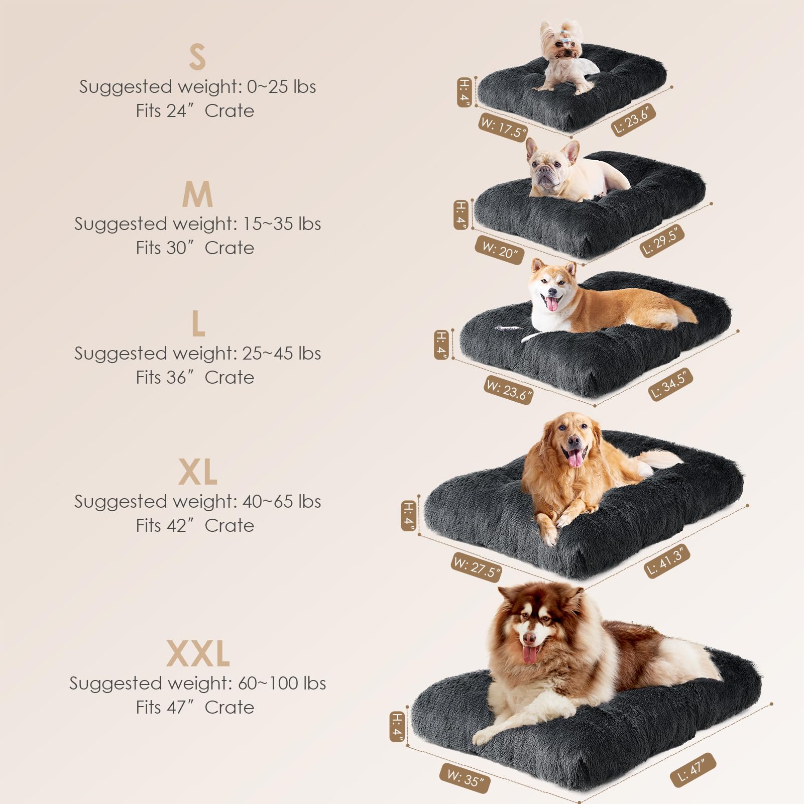 EHEYCIGA Fluffy Calming Dog Bed – Washable Crate Mattress With Anti-Slip Bottom, Grey, 90x60x9cm