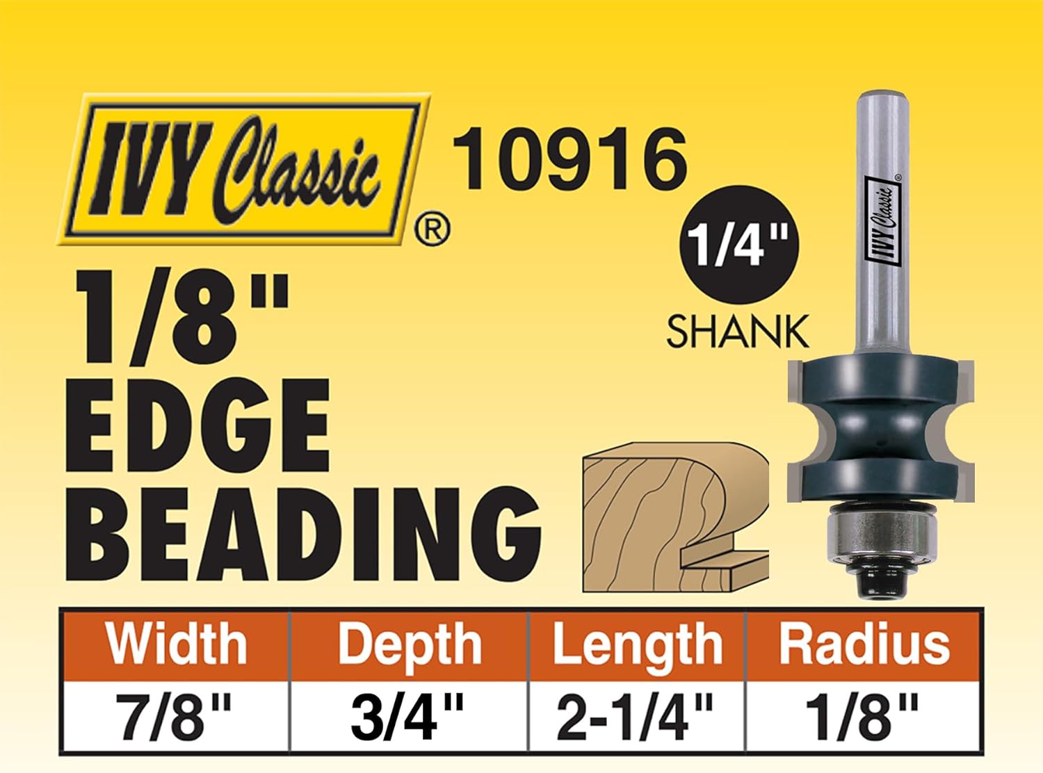 IVY Classic 10916 1/8-Inch Radius Edge Beading Carbide Router Bit with Ball Bearing, 1/4-Inch Shank, 1/Pouch, Radius: 1/8", Width: 7/8"