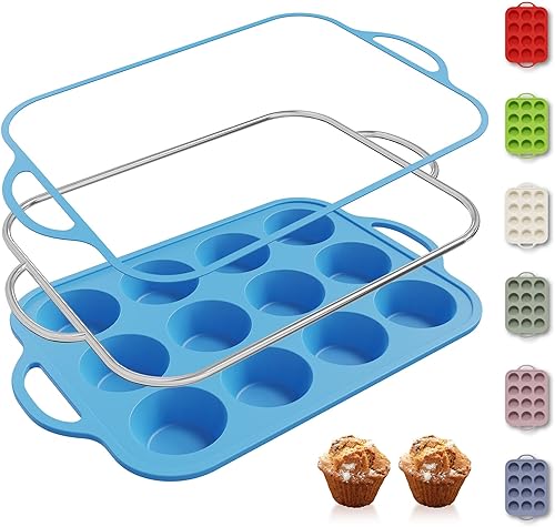 Miniatura 44 de 2 paquetes de 12 tazas de molde para magdalenas de silicona para hornear con marco reforzado de metal, molde para cupcakes de tamaño regular, molde
