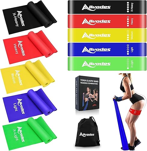 Allvodes Exercise Bands for Working Out, Resistance Bands Set with 5 Resistance Levels, Skin-Friendly Elastic Bands with Carrying Pouch for Home