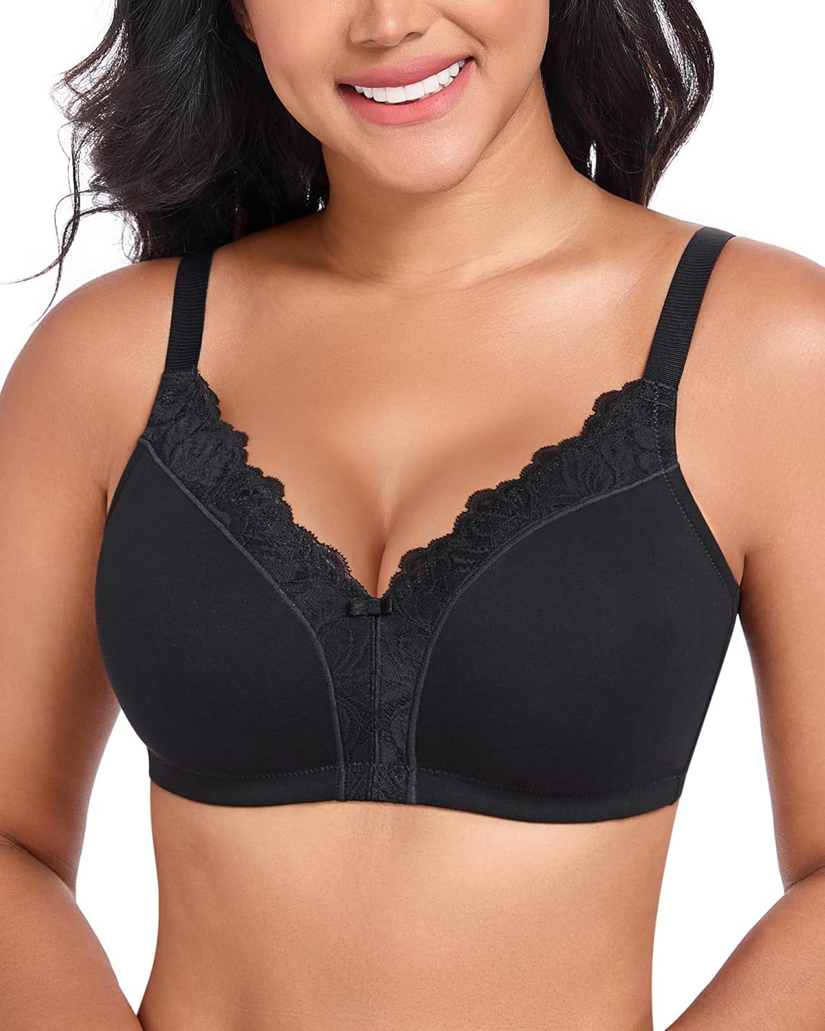 DotVol Women's Plus Size Lace V-Neckline Cotton Non Padded Wirefree Comfort Everyday Bra