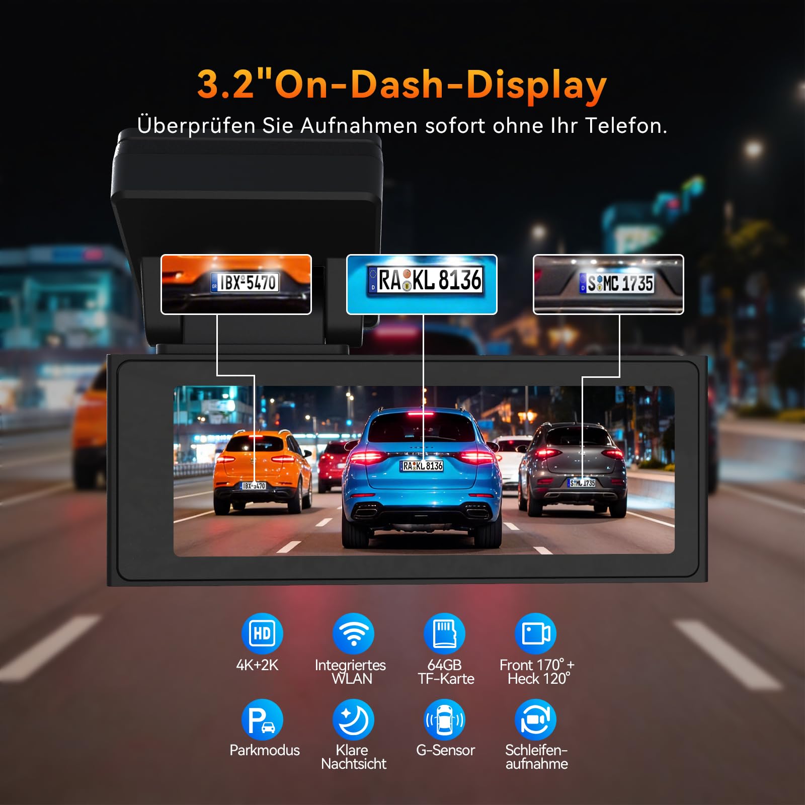 Dashcam Auto Vorne Hinten 4K+2K mit 64GB Speicherkarte, WLAN Dashcam mit Rückfahrkamera, 24H Parküberwachung, WDR Nachtsicht, 170° Weitwinkel, 3,2" Display, G-Sensor, Loop-Aufnahme