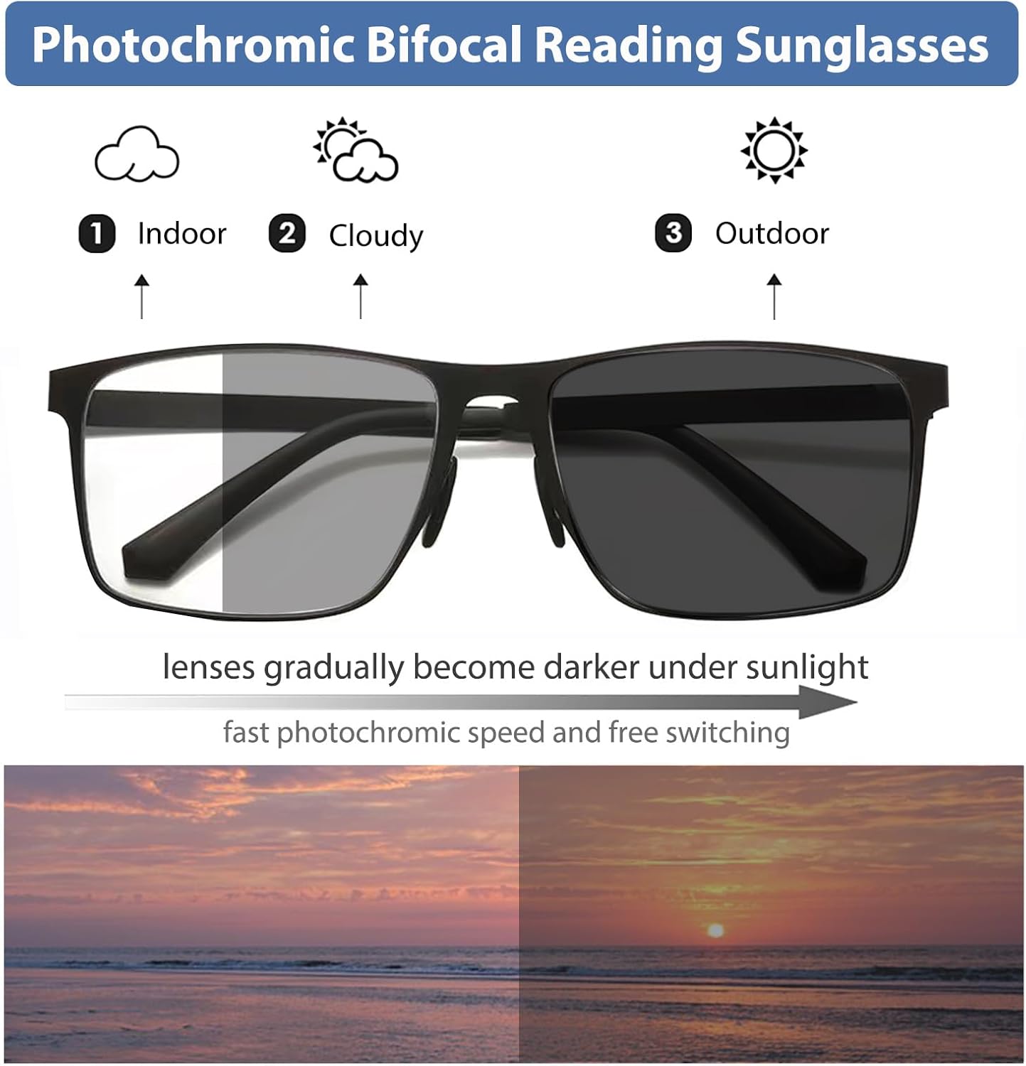 Metal Photochromic Bifocal Reading Glasses for Men Bifocal Readers Transition Blue Light Blocking UV400 Glasses - Image 2