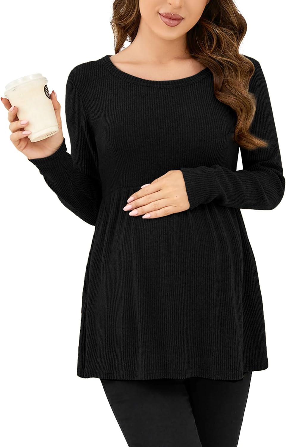 Ecavus Women's Maternity Ribbed Knit Shirts Long Sleeve Pregnancy Tops Comfy Stretchy Pregnant Blouses