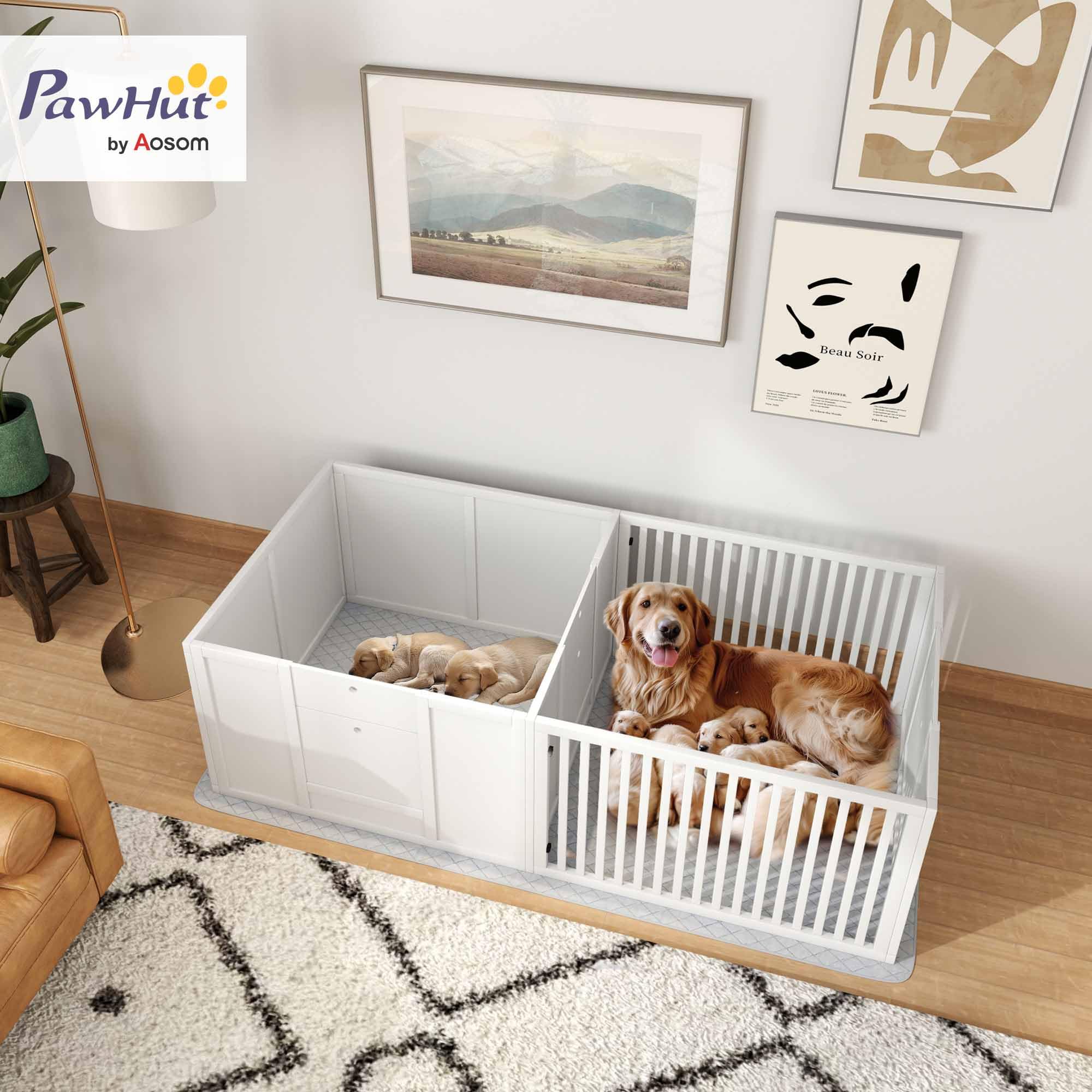 PawHut Wurfkiste für Welpen Wurfbox mit Tür Große Hunde 166x80x50 cm Weiß | Welpenlaufstall, Wasserdichte Bodenmatte, Hundelaufstall Welpenauslauf