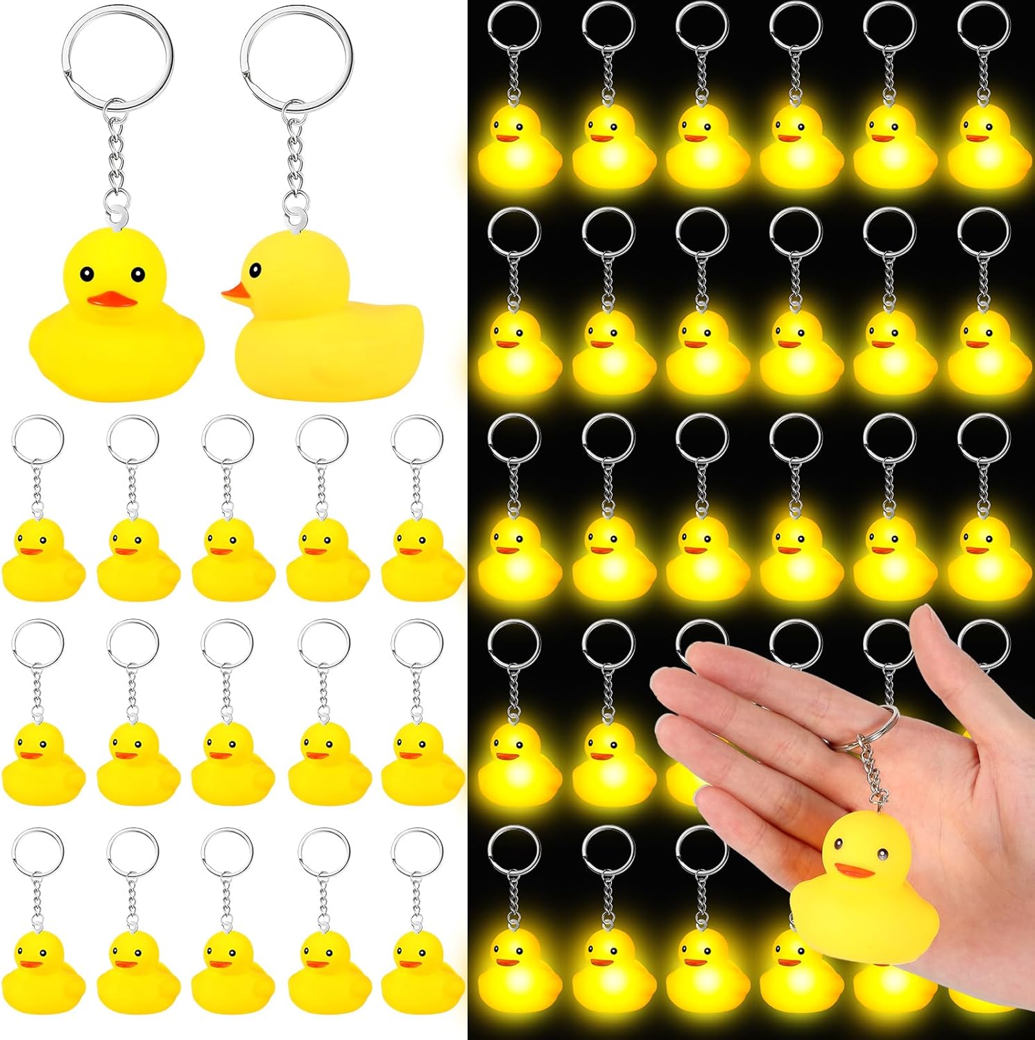 Deekin 48 Pcs LED Rubber Duck Keychain 2.17 Inch Yellow Duck Rubber Cute Keychains Bulk for Gift Birthday Party Supplies Carnival Party