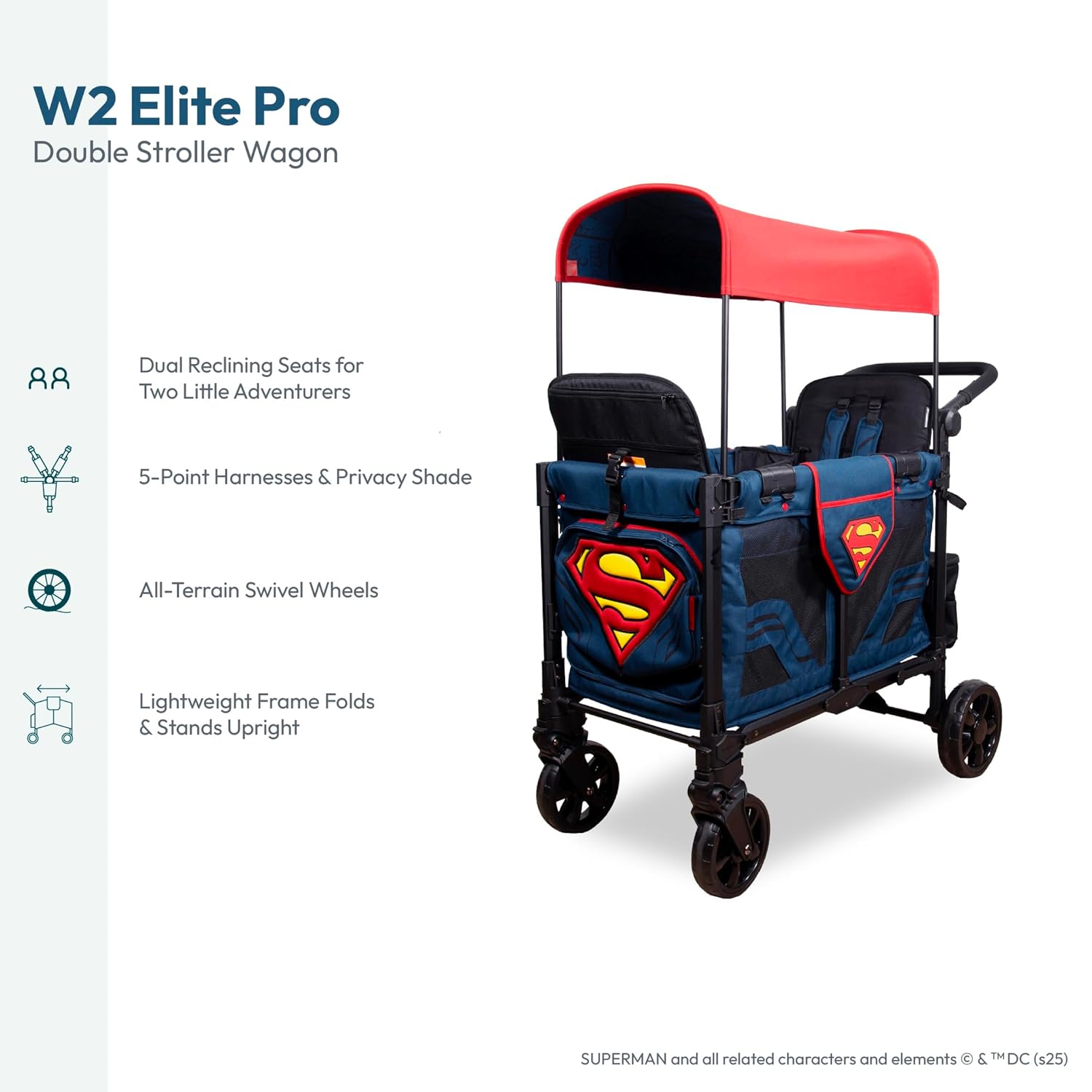 WONDERFOLD W2 Elite Pro Special Edition Superman Stroller Wagon (2 Seater) - Collapsible Wagon Stroller with Seats with 5-Point Harnesses, Easy Access Zipper Door, and Removable Sun Canopy
