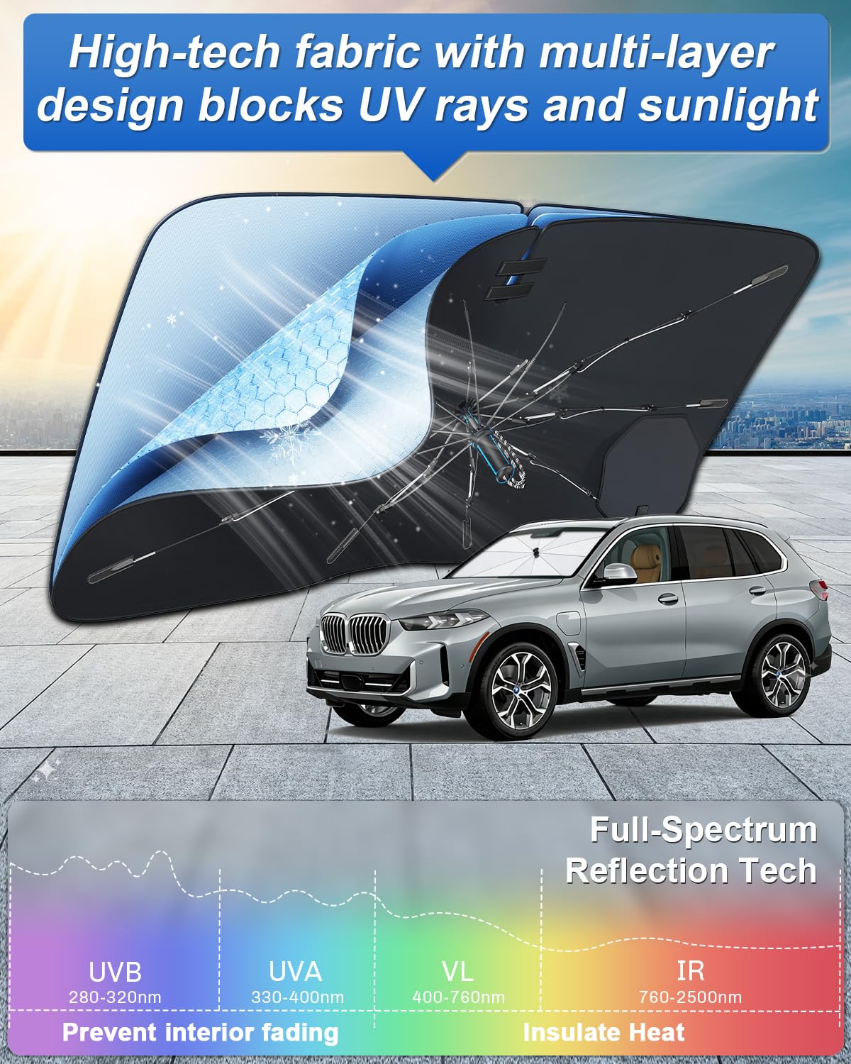 SHAOHAO Compatibile con BMW X5 G05 /X6 G06 /X7 G07 2018-2026 Parasole per auto Parasole per parabrezza Facile da riporre Maniglia con cordino Protezione UV Accessori parasole