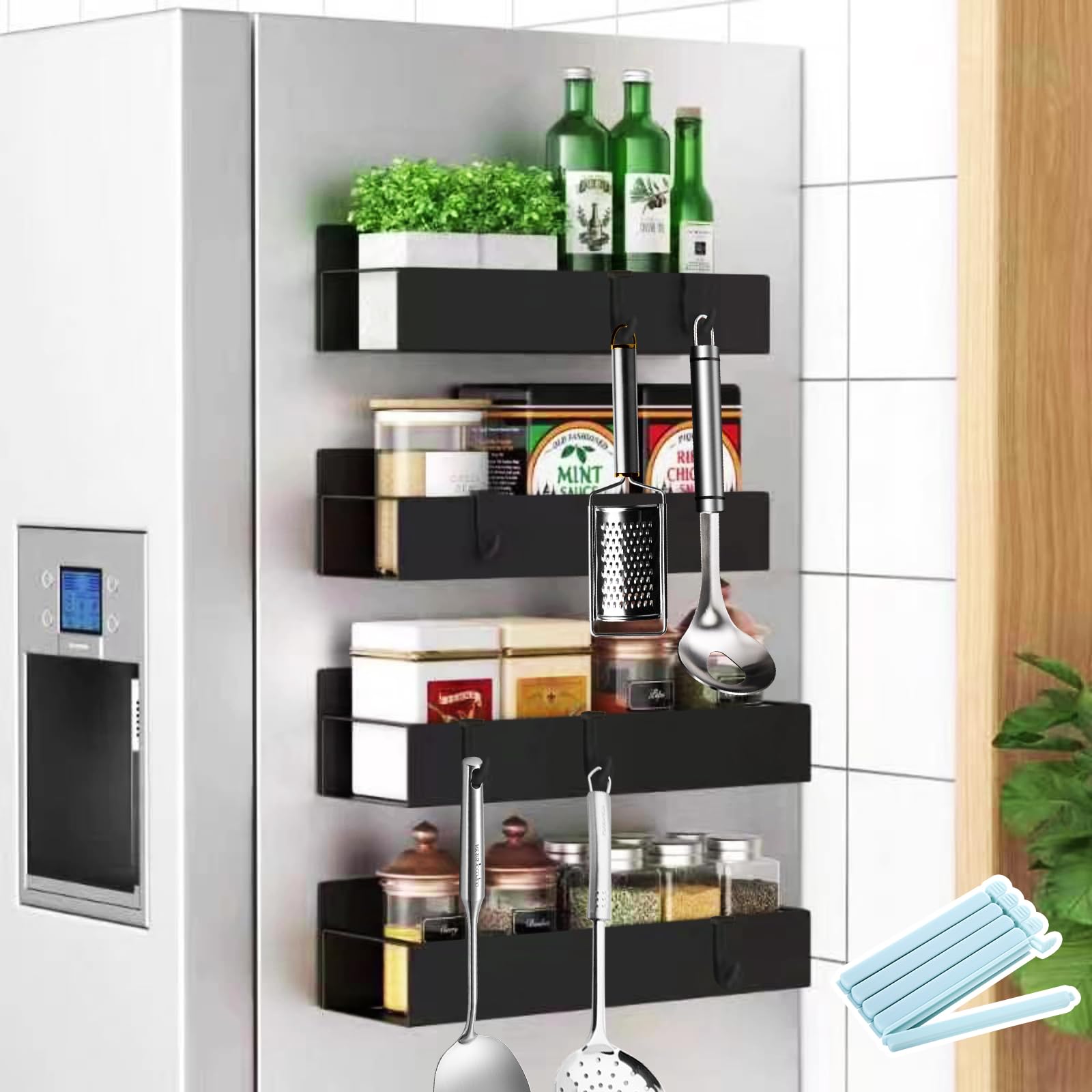 Set di 4 Portaspezie magnetico per frigorifero,Magnetica Porta Spezie,Mensola Cucina Magnetico,senza foratura,magneti sospesi,Porta Spezie Magnetico per organizzazione cucina e microonde