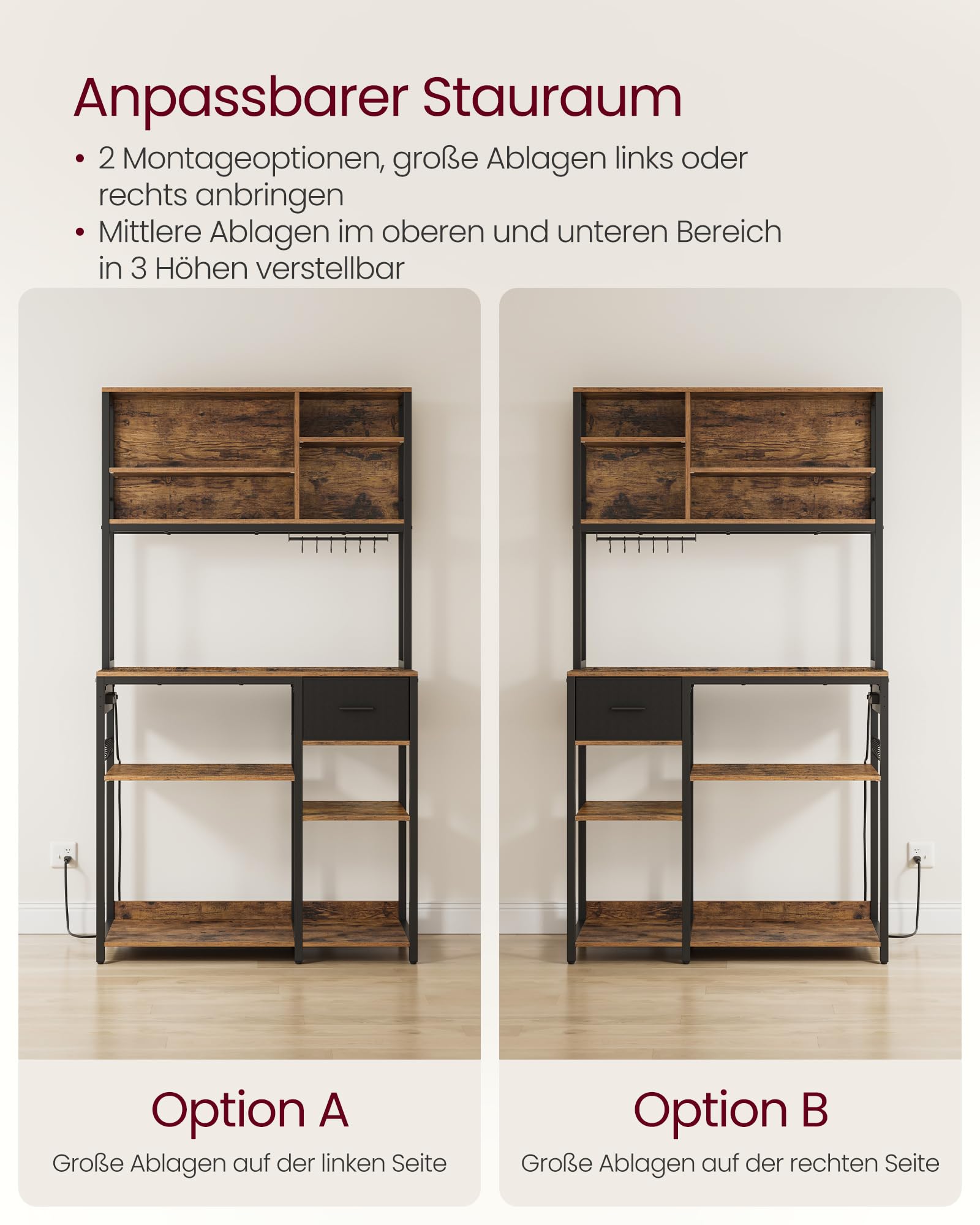 VASAGLE Küchenregal mit Steckdosen, Standregal, 40 x 100 x 180,4 cm, Backregal, verstellbare Ablagen, Stoffschublade, 12 Haken, Küche, vintagebraun-tintenschwarz KKS027K02