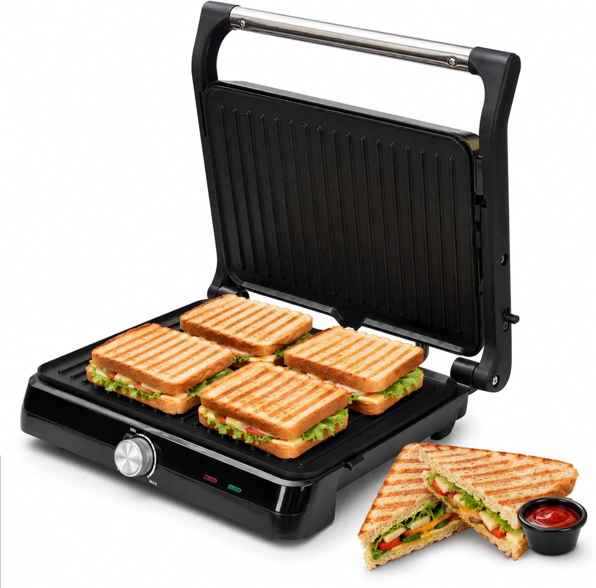 Libra Griller Sandwich Maker - 2000 W 4 Slice Sandwich Maker Electric With Non Stick Plates Opens to 180ยฐ, Cool Touch Handles, Temperature Control And Drip Tray,Black