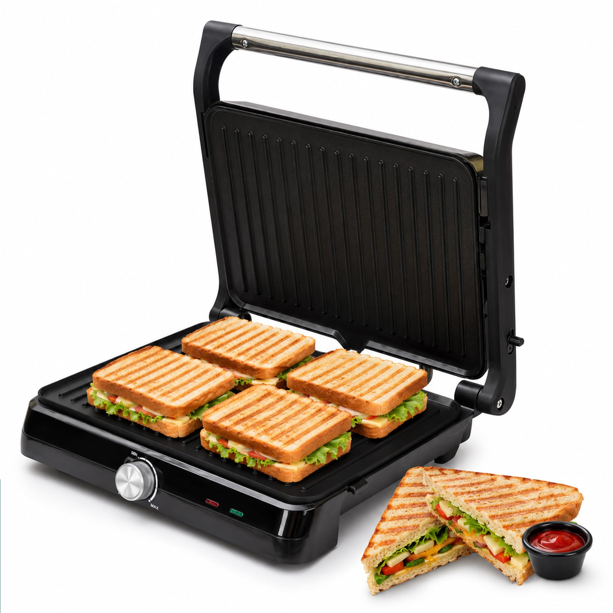 libra sandwich maker electric - 2000 w 4 slice sandwich griller and toaster with non stick plates opens to 180°, grill toast electric griller with cool touch handles, temperature control and drip tray