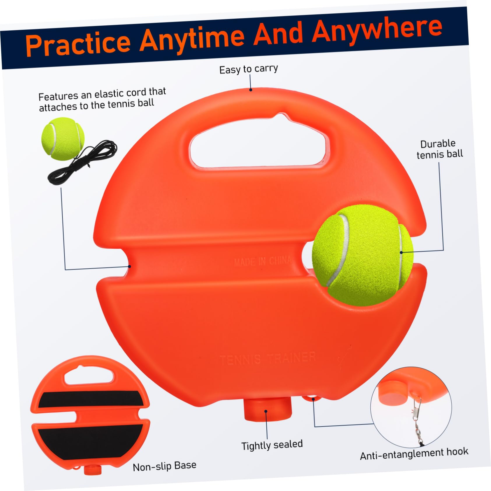 HANABASS Allenatore di Rimbalzo per Tennis Arancione, Set Singolo | Corda Elastica, Base in Plastica, Allenamento in Solitaria, per Principianti, Portatile