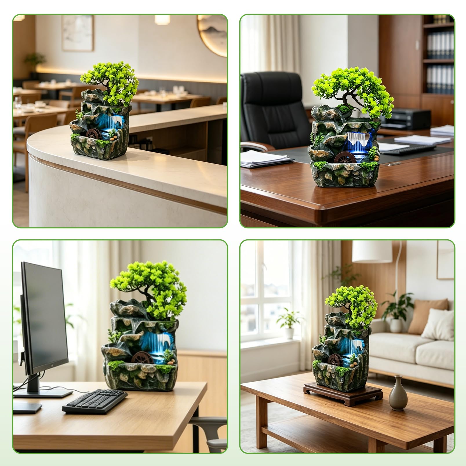 Zimmerbrunnen, Tischbrunnen mit LED Farbwechsel, Wasserfall Zimmerbrunnen mit Feng Shui Rad, Leise Tauchpumpe, Tischbrunnen Deko für Wohnzimmer Büro Schlafzimmer, Luftbefeuchtend 18x15x30 cm