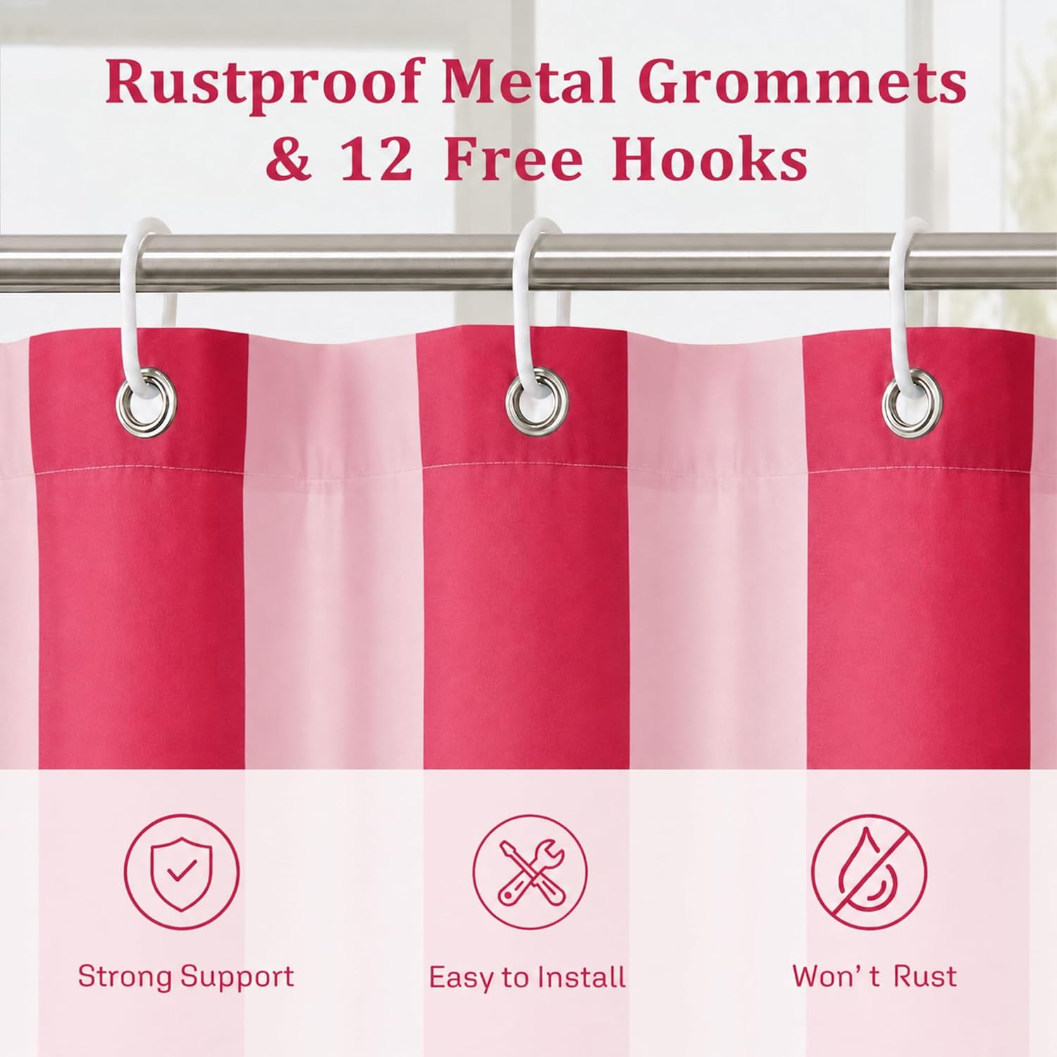 Ohocut Vertical Striped Shower Curtain, Cute Retro Vintage Stripe Farmhouse Bathroom Shower Curtain, Waterproof Polyester Fabric Modern Shower Curtain for Bathroom 72x72 Inches (Double Pink) image 3