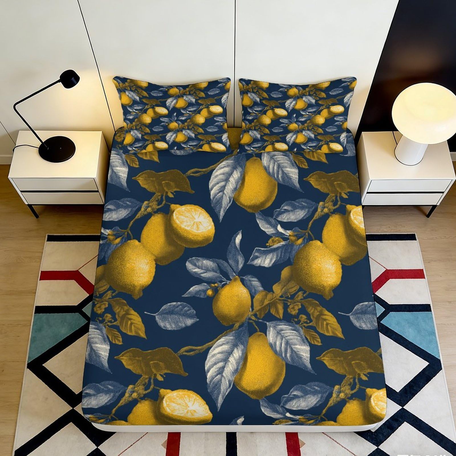 3D Printed Lemon Pattern Fitted Sheet Microfiber Soft Durable Blue Bed Cover with Citrus Design Mattress Cover for Bedroom Dormitory Guest Room 120x200x25cm