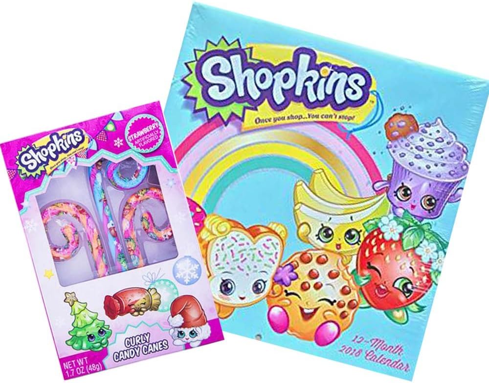 Shopkins 2018 Wall Calendar and Candy Cane Christmas Holiday Theme Bundle
