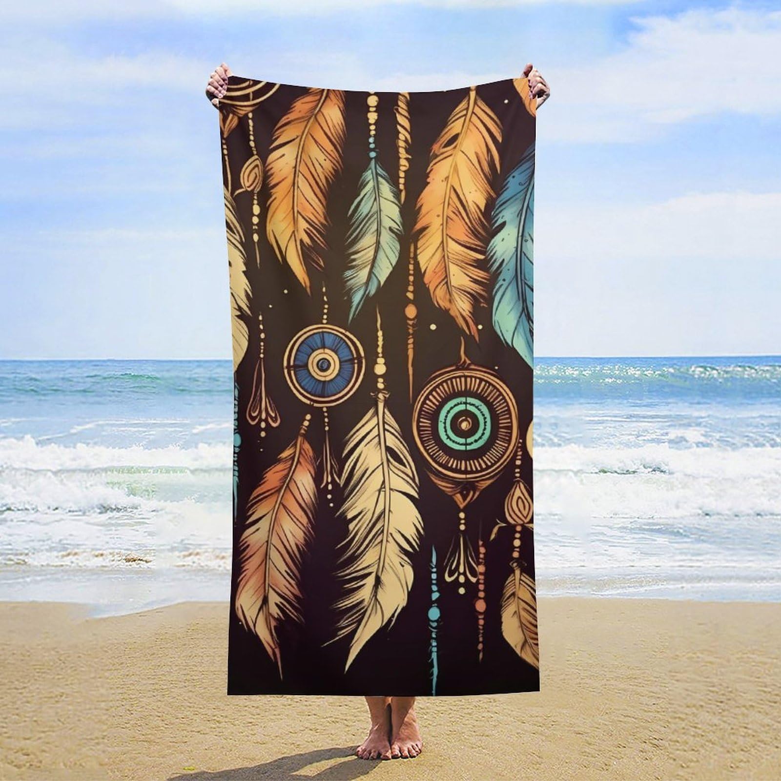 NTVOWPZO Vintage Ethnic Tribal Feather Beach Towel Oversized Microfiber Bath Towels Lightweight Sand Proof Beach Towels Absorbent Pool Towels for Swimming Yoga Bathroom Towel 31.5" X 63"