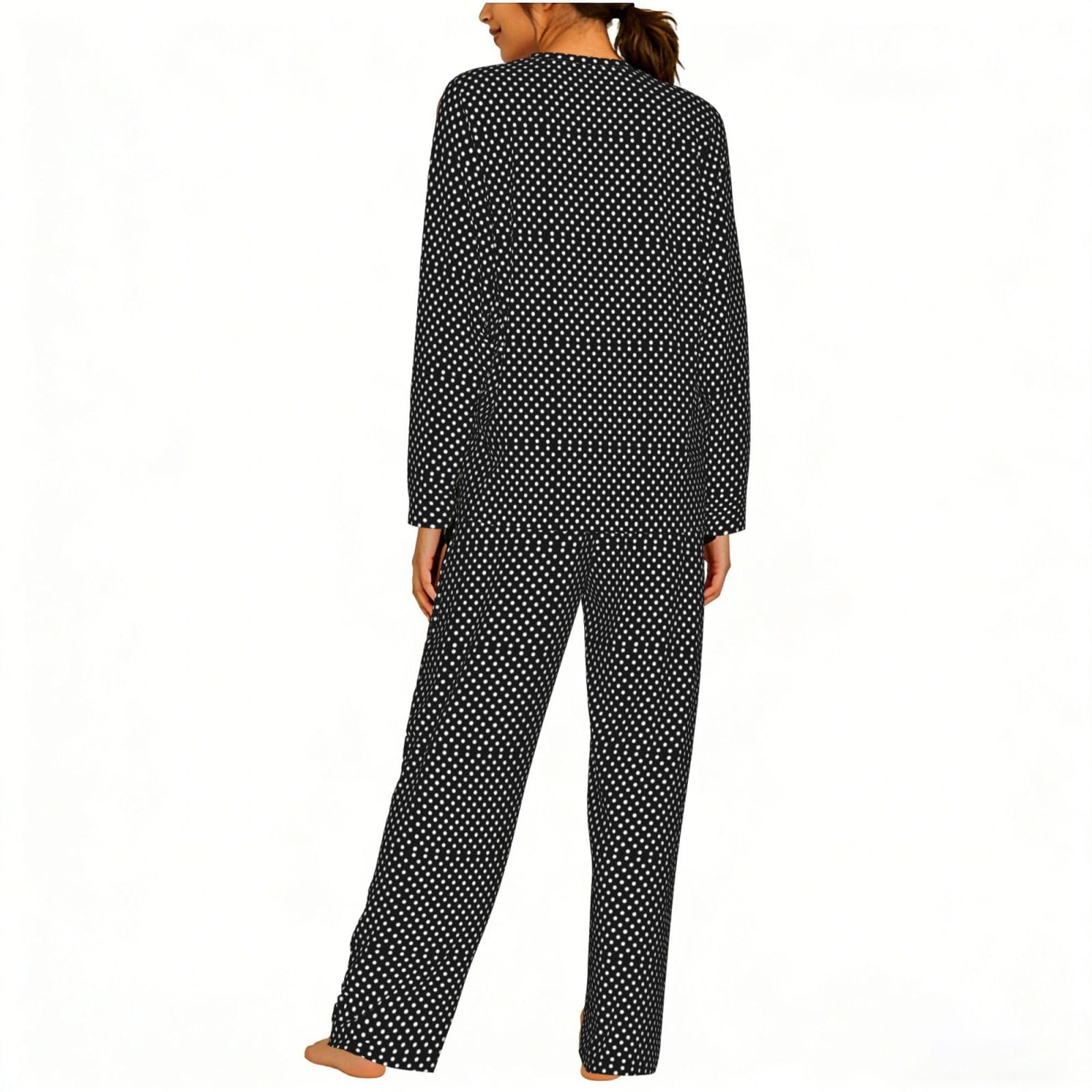 Pigiama da donna a maniche lunghe con stampa a pois bianchi e neri Set pigiama morbido elastico coulisse casual Daywear