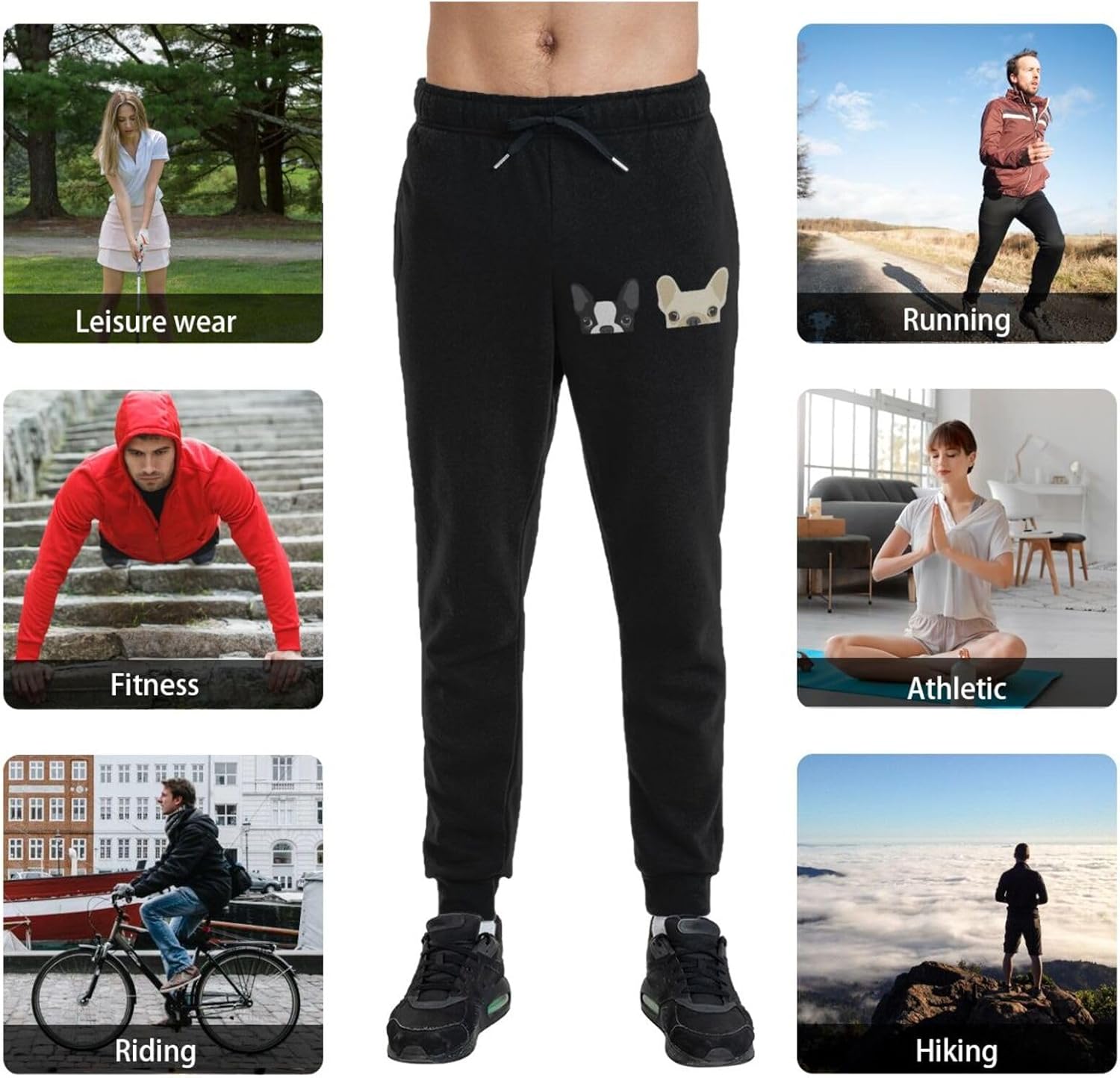 SEAEAGLE Boston Terrier and French Bulldog Friends Men's Pants Jogger Sweatpants Sports Training Running Cotton Adjustable