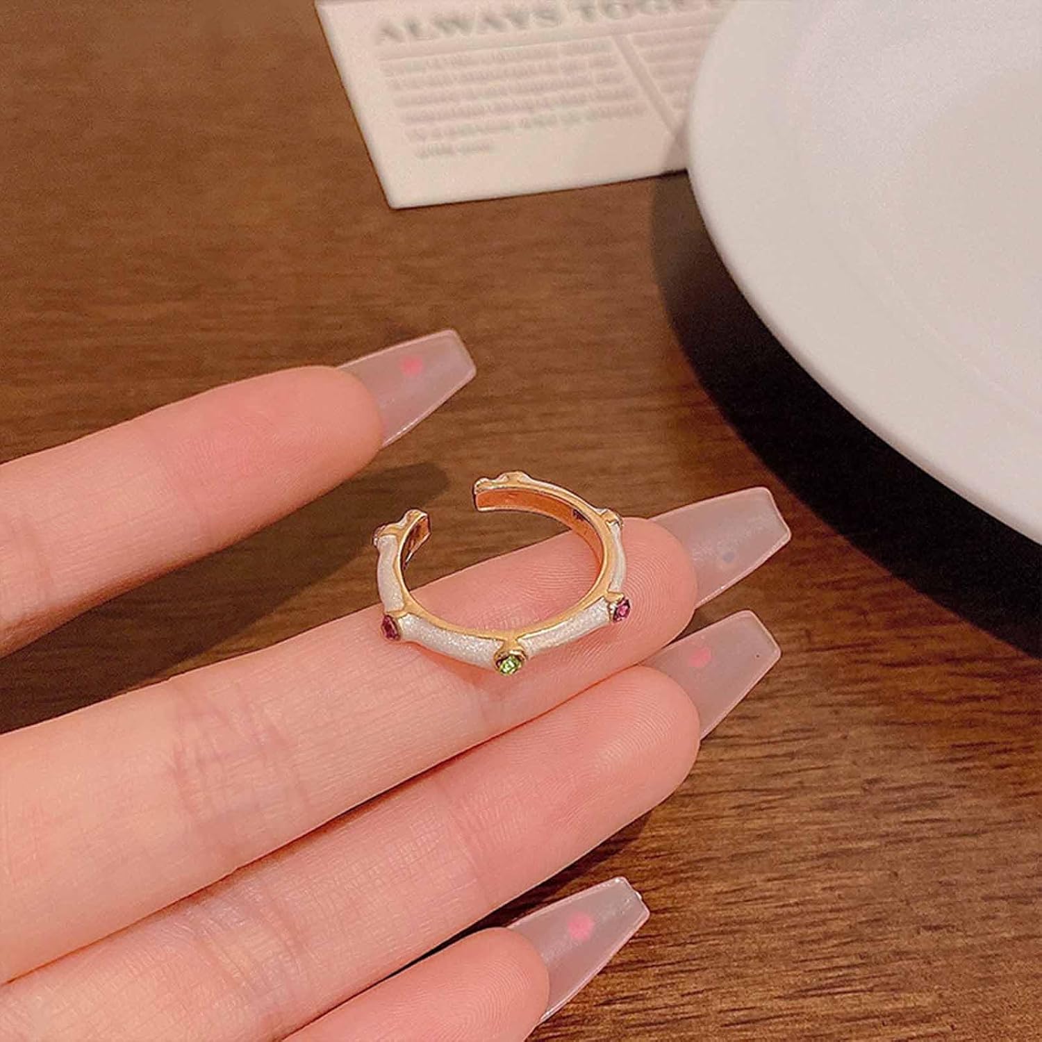 Vintage White Enamel Ring for Women Color Crystal Knuckle Ring Minimal Stacking Ring Boho Finger Ring Enamel Open Ring Adjustable Ring Jewelry for Girls Gifts - Image 3