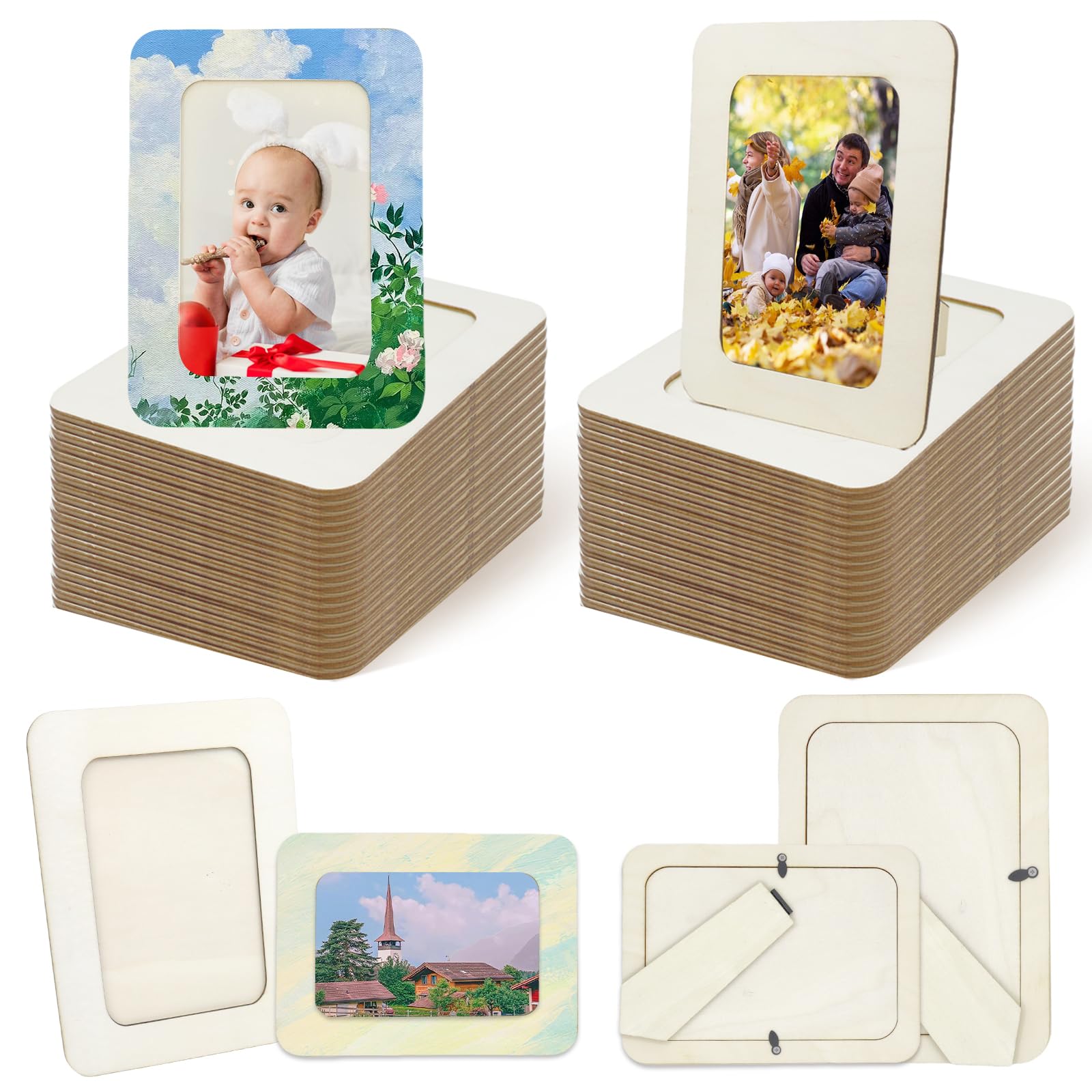 RYKOMO 12-Pack DIY Unfinished Wood Picture Frames For 4x6 Photos - 7.5x5.5 Inch, Solid Wood With Stand