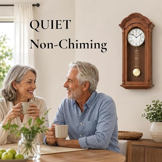 Grandfather Wall Clock with Pendulum Large Hanging Wooden Battery Operated Non-Chiming Clock 26 x 12 inch - Quiet, Solid Wood Clock for Living Room, Entryway & Home Decor