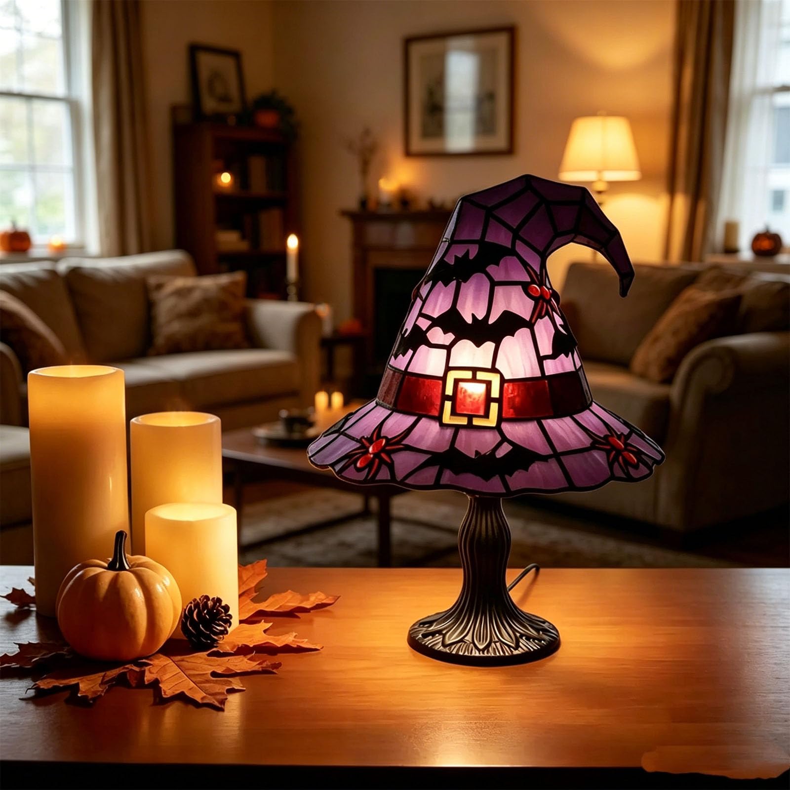 PVCFJYH Stained Glass Witch Hat Lamp-Halloween Decorations, Handcrafted Retro Resin Witch Lamp, Gothic Wizard Hats Night Light, Stained Glass Lamps for Bedroom, Bookshelf and Room Aesthetics