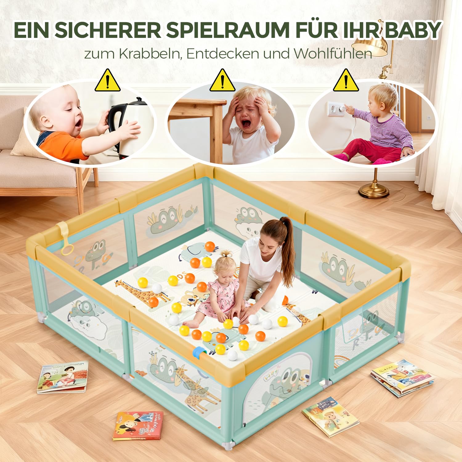 Box Bambini 180x200 con Tappeto, Recinto per Bambini con 360° Rete Traspirante, Tessuto Oxford, Laterali con Zip, Antiscivolo Robusta Centro Attività, 60 Palline, 4 Maniglie, Coccodrillo verde