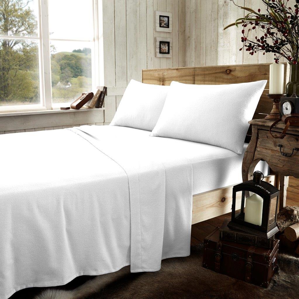 Slumber Nights Thermal Flannel Fitted Sheet Plain Brushed Cotton Winter Warm Bedding (White, King Fitted Sheet)