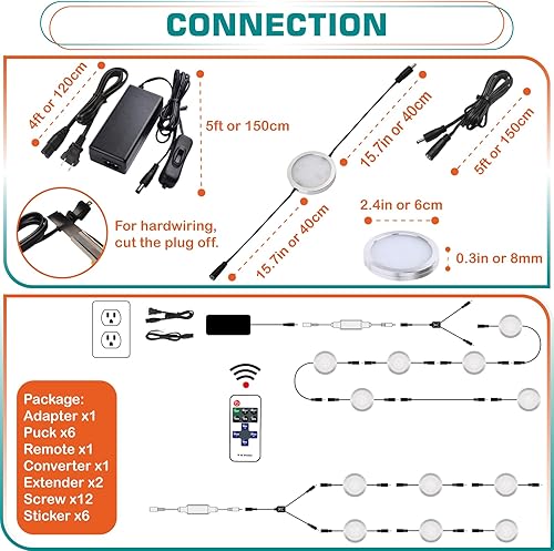 Miniatura 10 de Luces de disco LED delgadas para debajo del gabinete, kit de iluminación de acento con cable de 110 V, cableado directo y enchufable, conexión en