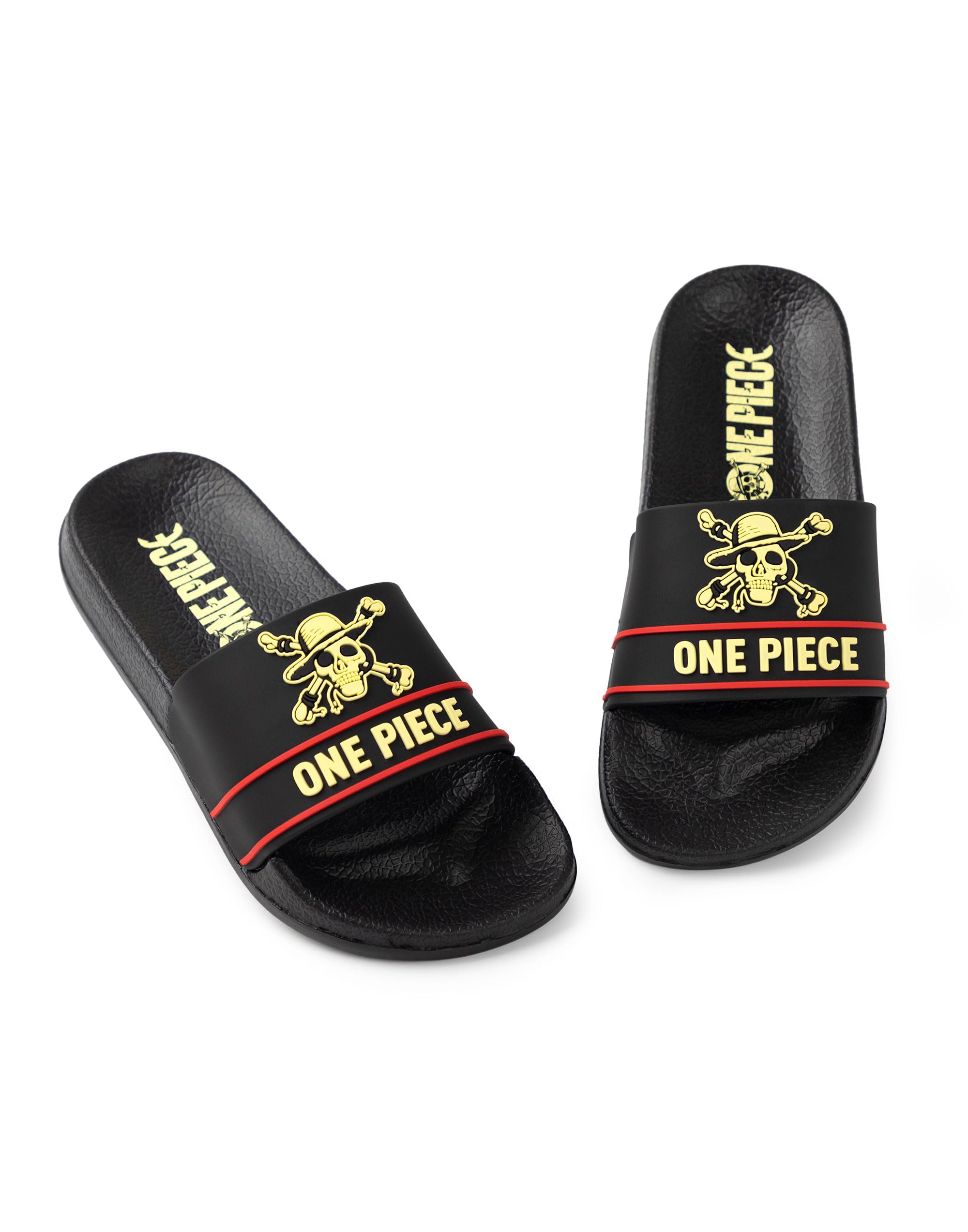 One Piece Claquettes noires pour garçon | Chaussures décontractées à l'effigie de l'emblème rouge et jaune | Vêtements d'extérieur et d'intérieur inspirés des dessins animés