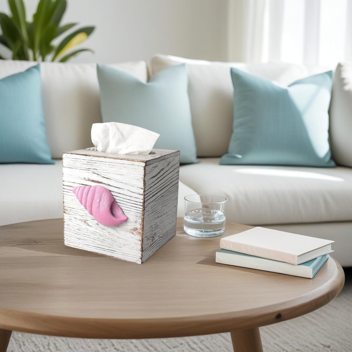 Coastal Tissue Box Cover Wooden Retro with Sliding Bottom Panel Beach Decor for Bathroom Bedroom Living Room,Conch Decor Suitable for Coastal Gifts Beach House Gifts