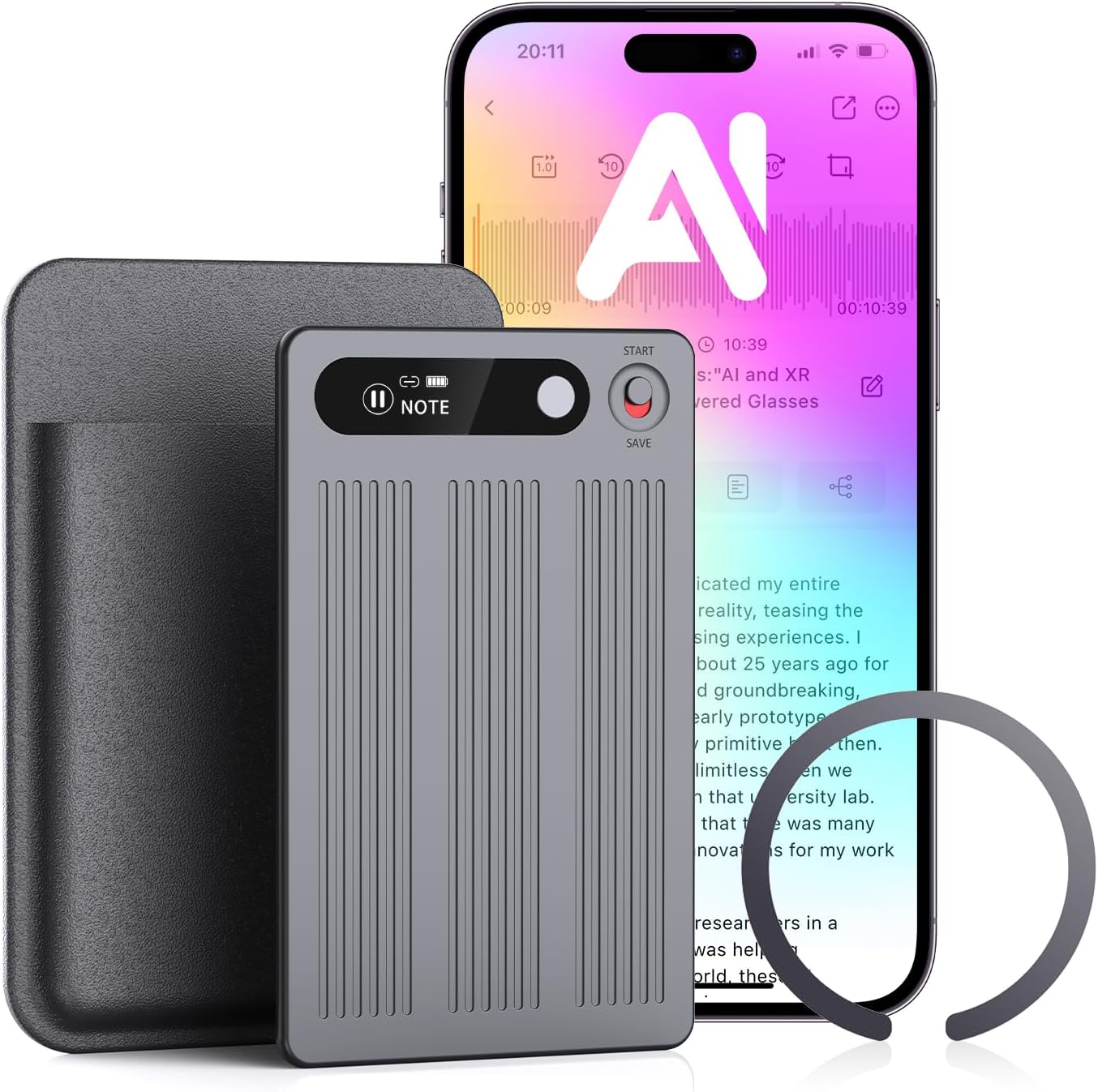 AI Voice Recorder with Transcribe＆Summarize, App Control Audio Recorder Support Al Noise Cancellation Technology with 80+ Languages, Note Taker with 64GB Memory, Audio Device for Meeting, Call, Grey