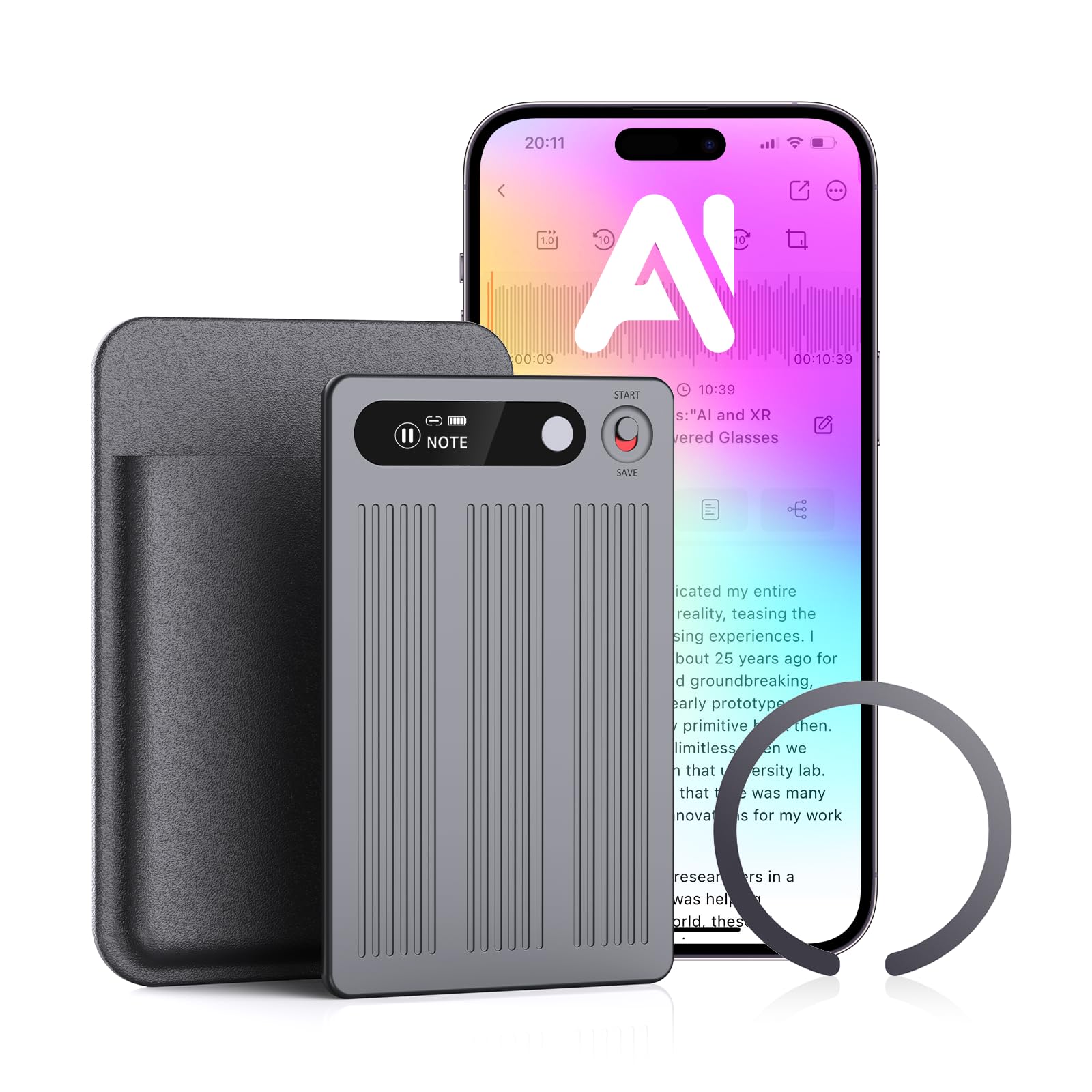 AI Voice Recorder with Transcribe＆Summarize, App Control Audio Recorder Support Al Noise Cancellation Technology with 80+ Languages, Note Taker with 64GB Memory, Audio Device for Meeting, Call, Grey