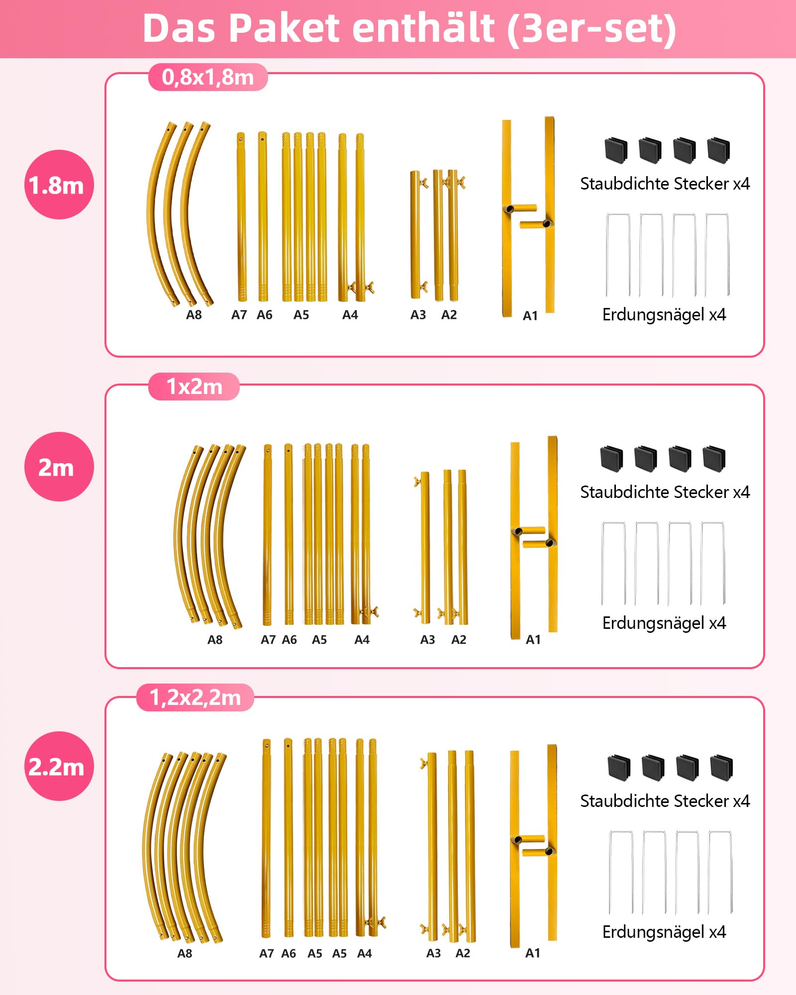 Lot de 3 supports pour arche de mariage, 1,8 m, 2 m, 2,2 m, cadre en métal, cadre de fond pour mariage, anniversaire, fête, fête des mères