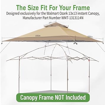 Replacement Top Fit for Ozark Trail Part Number WMT-1313114N Instant Outdoor Canopy Frame, Canopy Cover ONLY, (Brown/Beige)