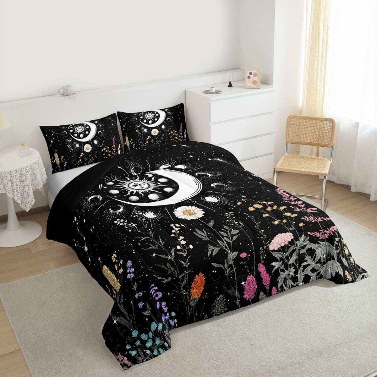 Feelyou Sun and Moon Decor Bedding Set Twin Size Girl Bohemian Comforter Sets Kids Boys Boho Exotic Style Black and White Cute Galaxy Stars Comforter Botanical Floral Plant Quilt Set with 1 Pillowcase