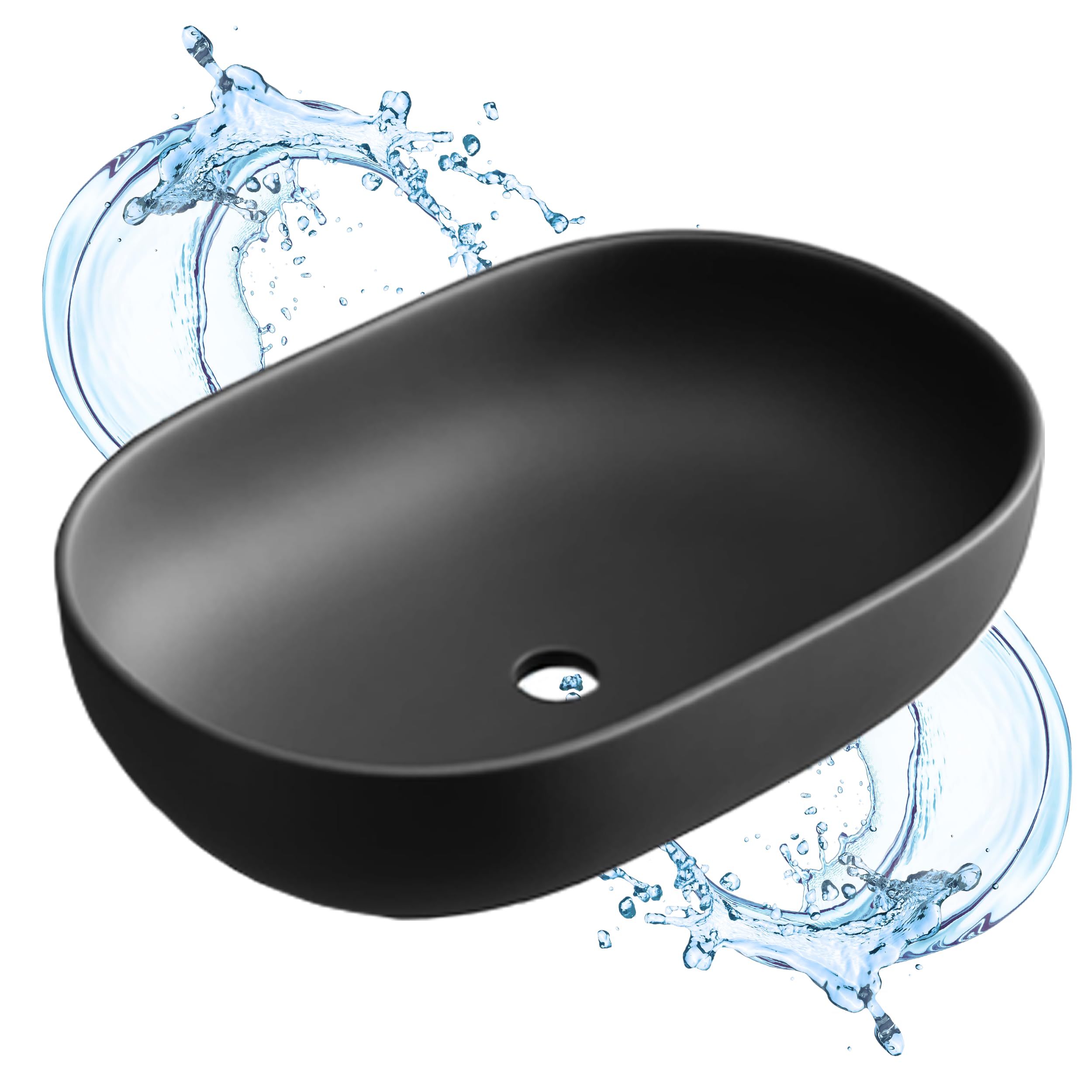 Planetmöbel Aquil Deluxe Lavabo Oval | Lavabo de encimera para baño y aseo de invitados | Lavabo sin orificio para grifo y desagüe | Negro mate, 60 x 40 x 15 cm