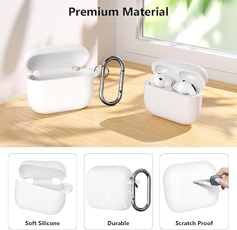 Silicone Case Compatible with Airpods Pro 3 2025 Case Cover, Front LED Visible, Soft Silicone Full Body Protective Shockproof Case for AirPods Pro 3rd Generation with Carabiner, White