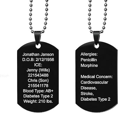 Qina C. Personalized Medical Alert Emergency Med Id Identification Engraved Stainless Steel Custom Dog Tag Military Pendant Chain Necklace 24